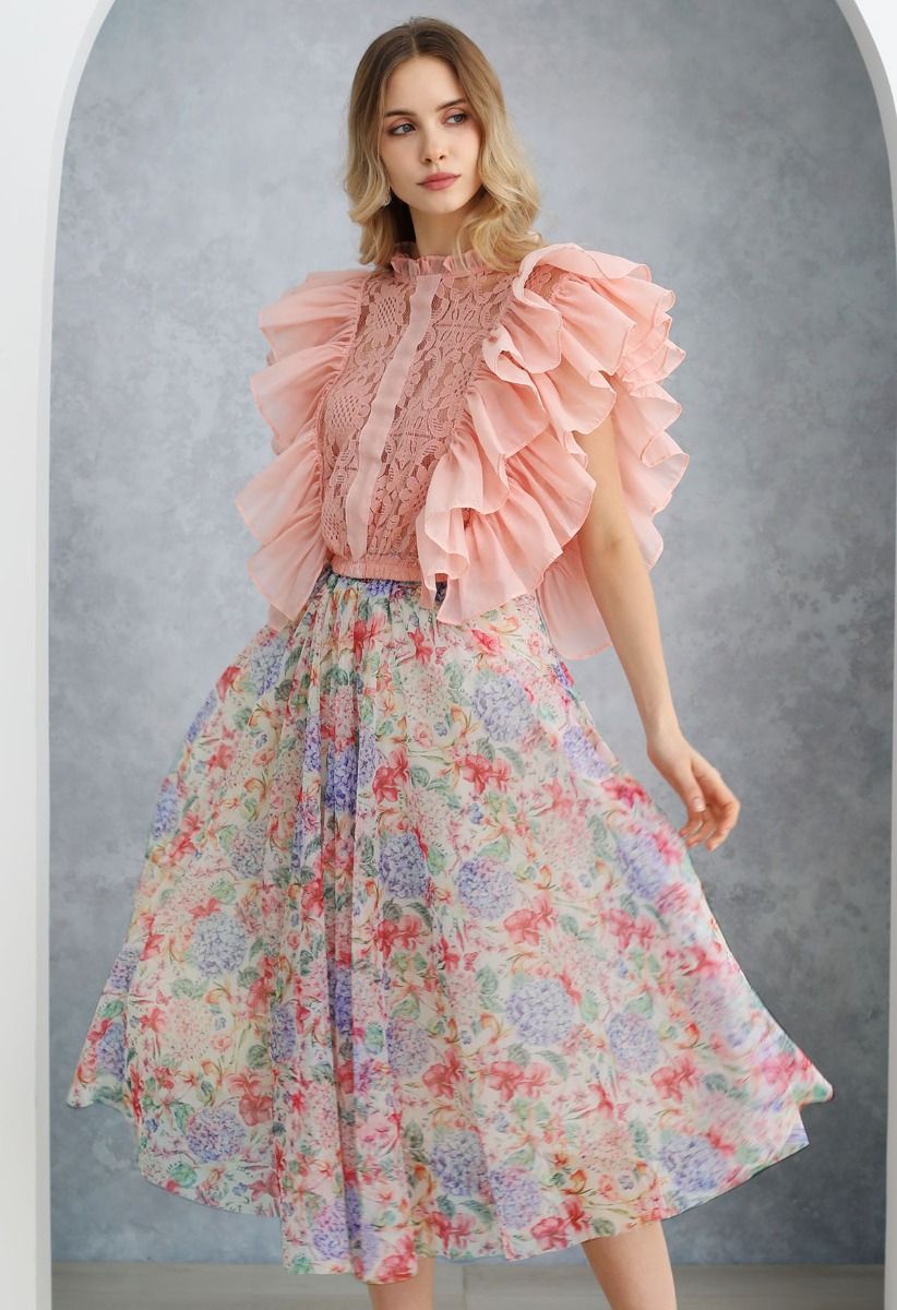 Hydrangea Printed Mesh Tulle Midi Skirt