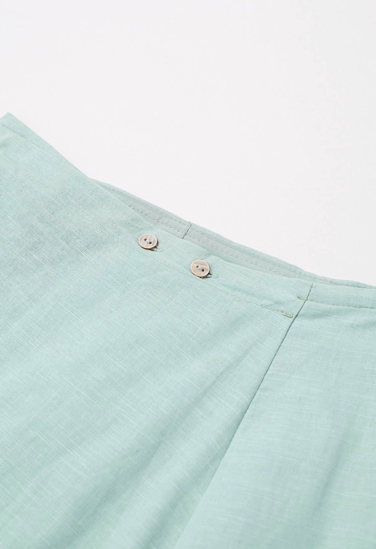 Buttoned Tie-Waist Split Flap Midi Skirt in Mint