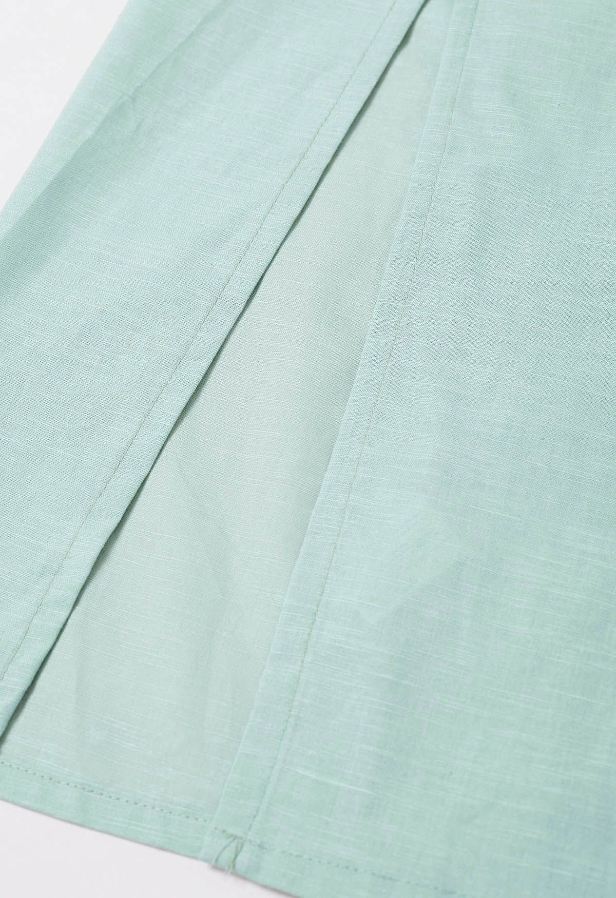 Buttoned Tie-Waist Split Flap Midi Skirt in Mint