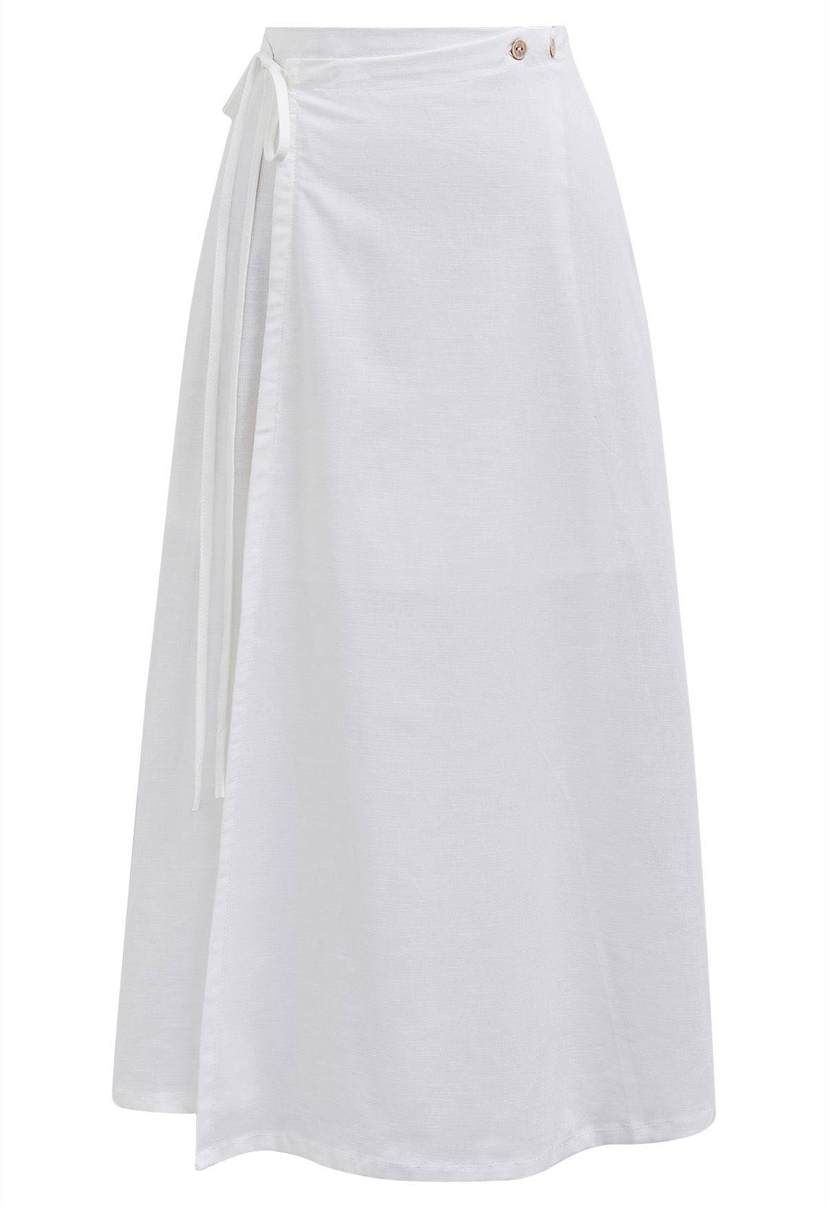 Buttoned Tie-Waist Split Flap Midi Skirt in White