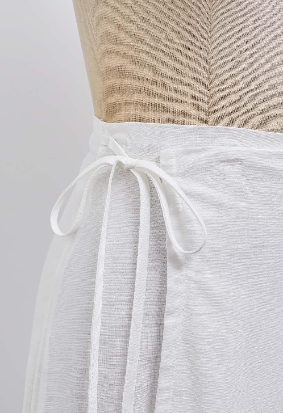 Buttoned Tie-Waist Split Flap Midi Skirt in White