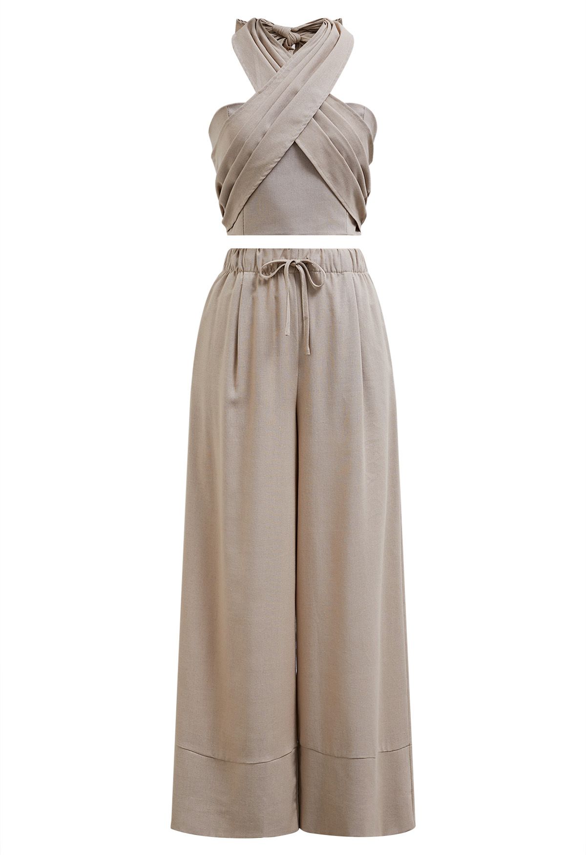 Criss-Cross Halter Pleat Crop Top in Khaki