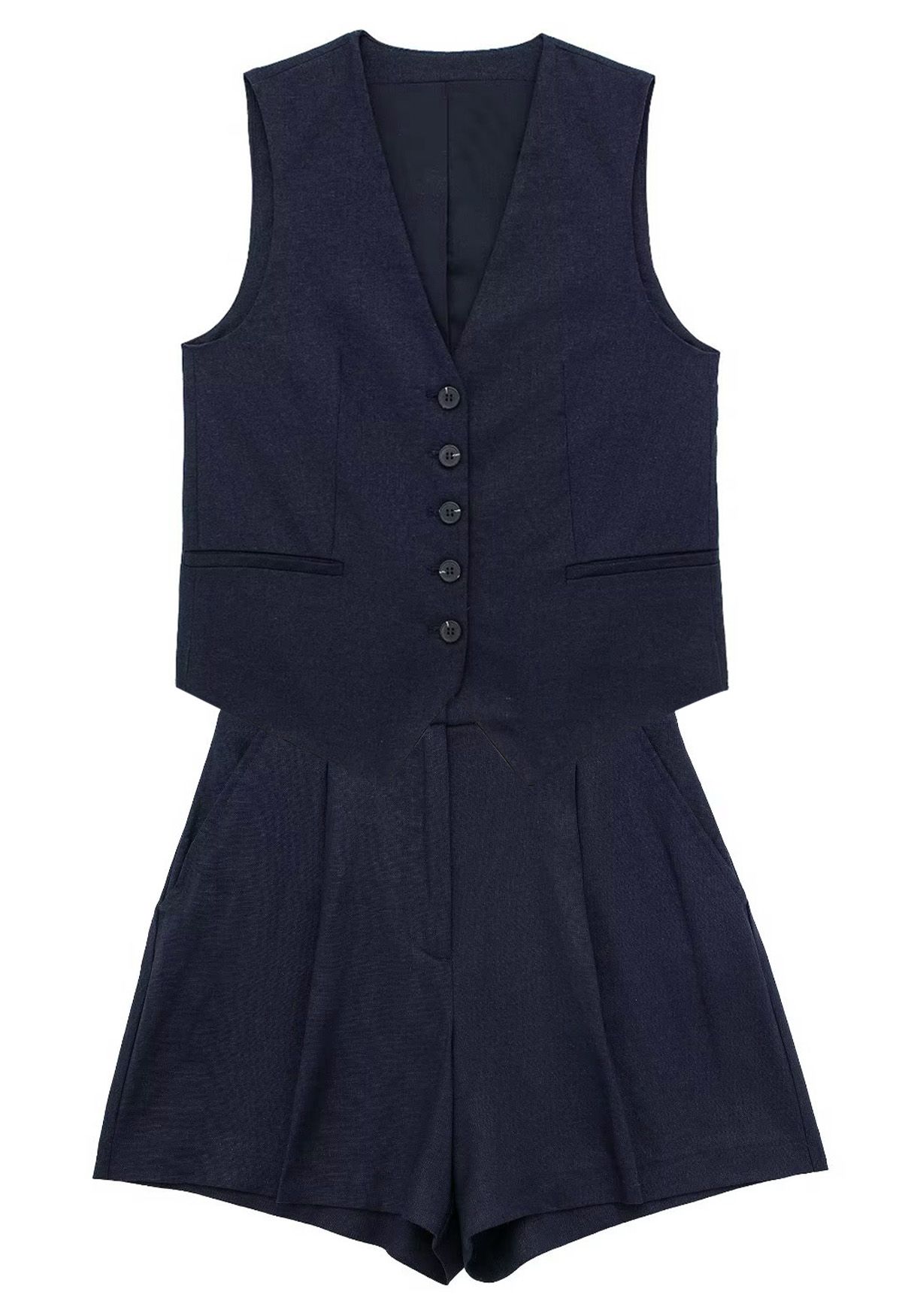 V-Neck Buttoned Down Linen-Blend Vest in Navy