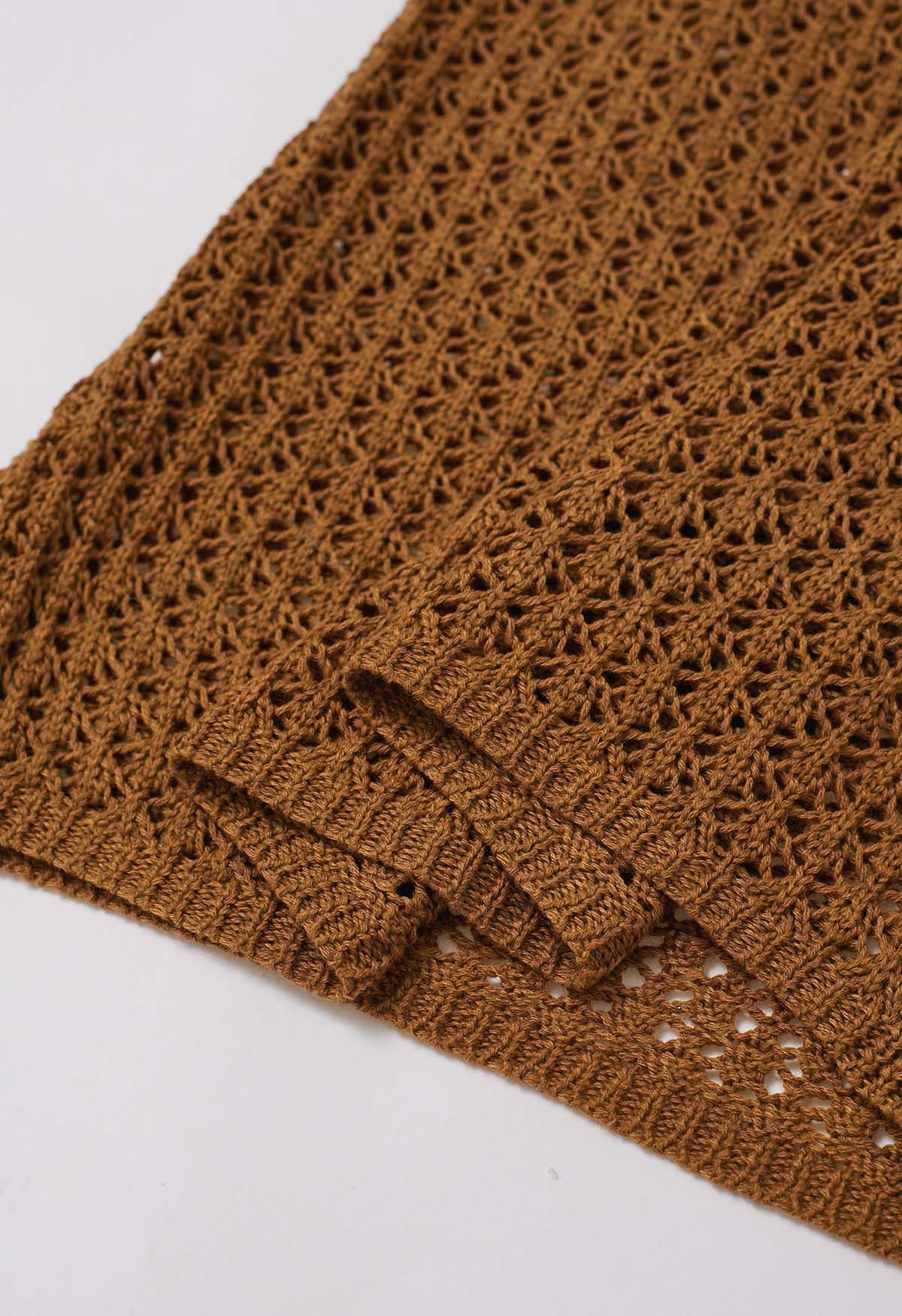 Open Back Bead Decor Crochet Cover-Up in Caramel