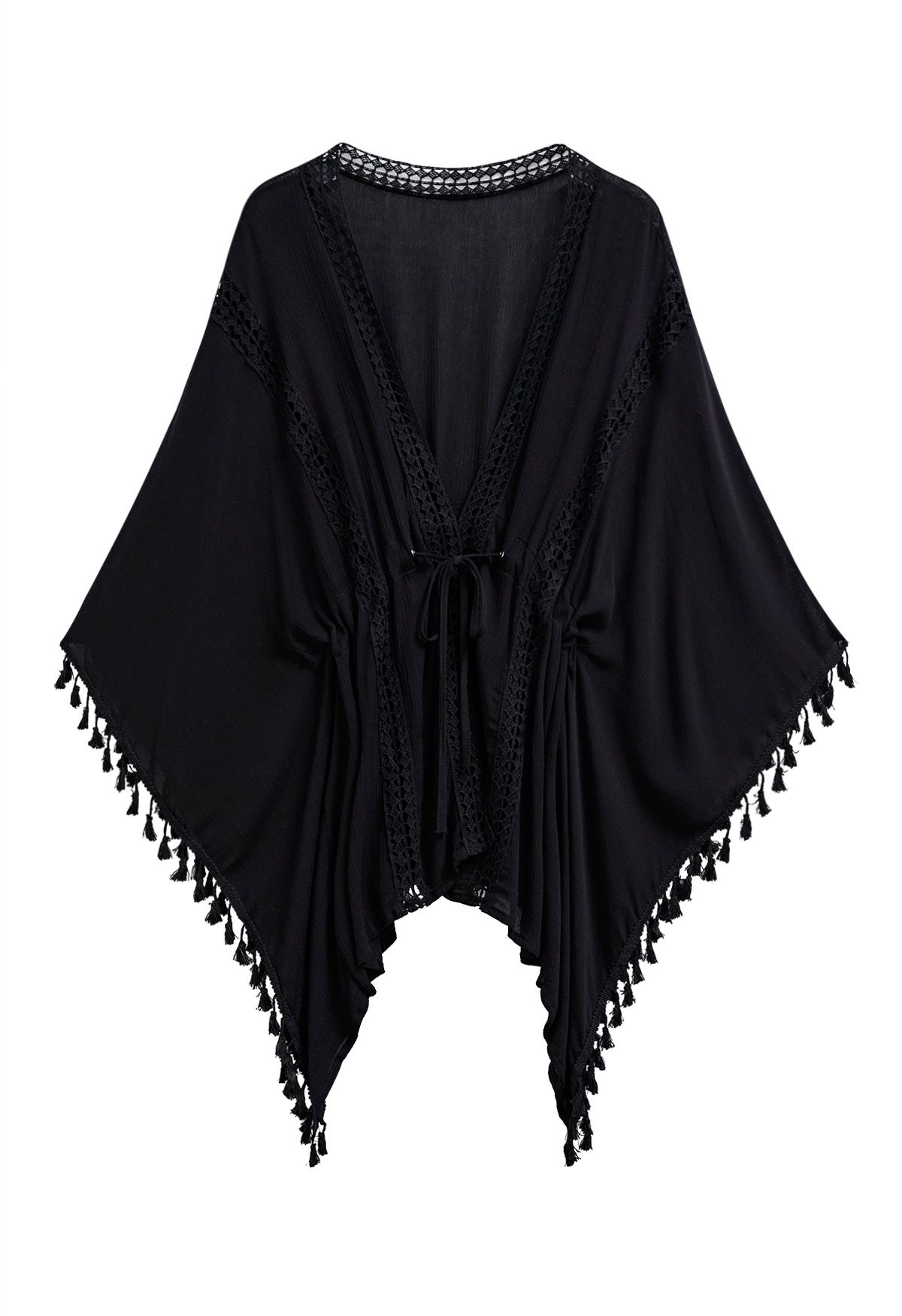 Tassel Batwing Sleeve Waist Tie Cover-Up Dress in Black