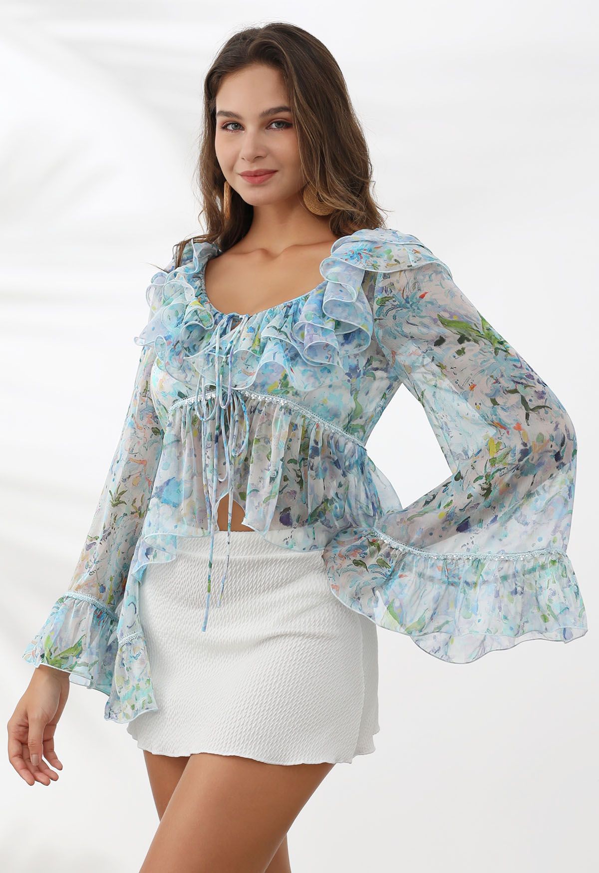 Watercolor Floral Ruffle Bell Sleeve Sheer Top in Blue