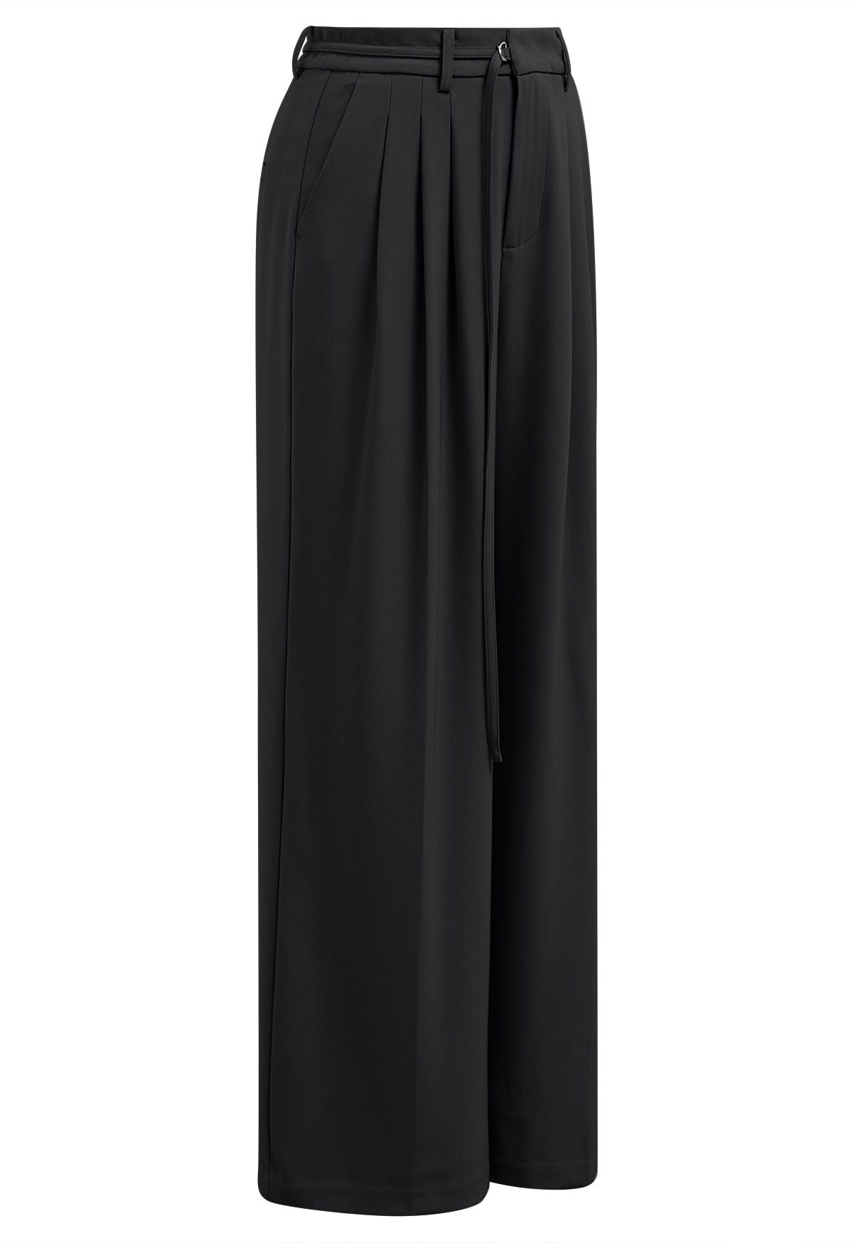 Adjustable Belt Pleated Straight-Leg Pants in Black