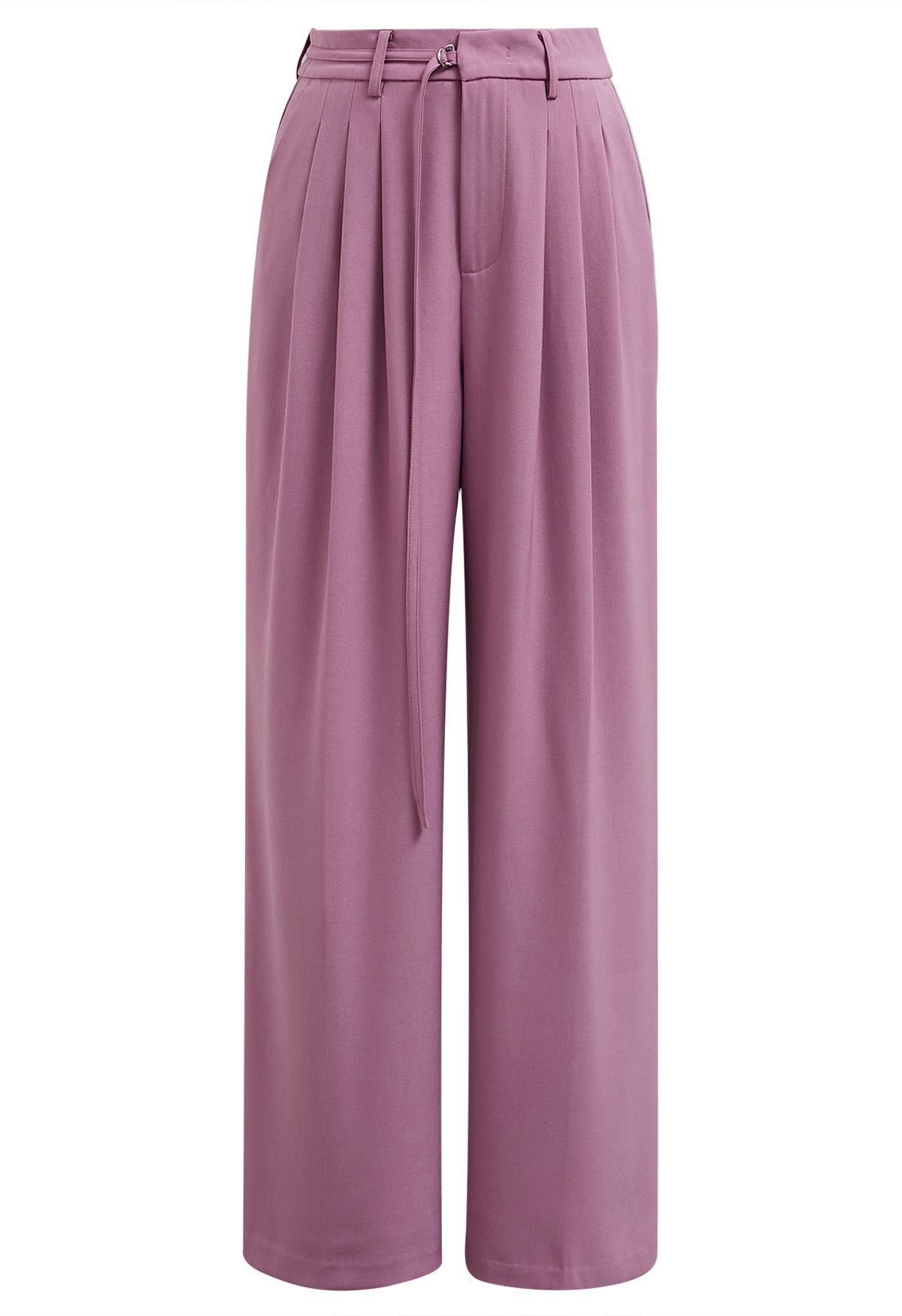 Adjustable Belt Pleated Straight-Leg Pants in Violet