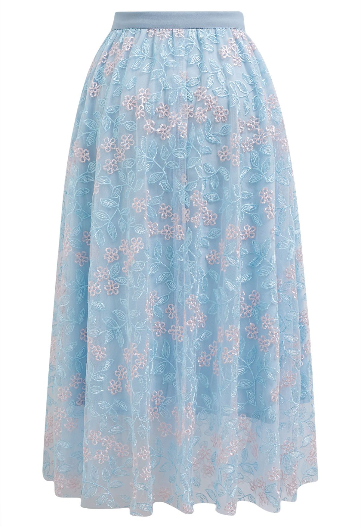 Floral Leaf Embroidered Mesh Tulle Midi Skirt in Blue