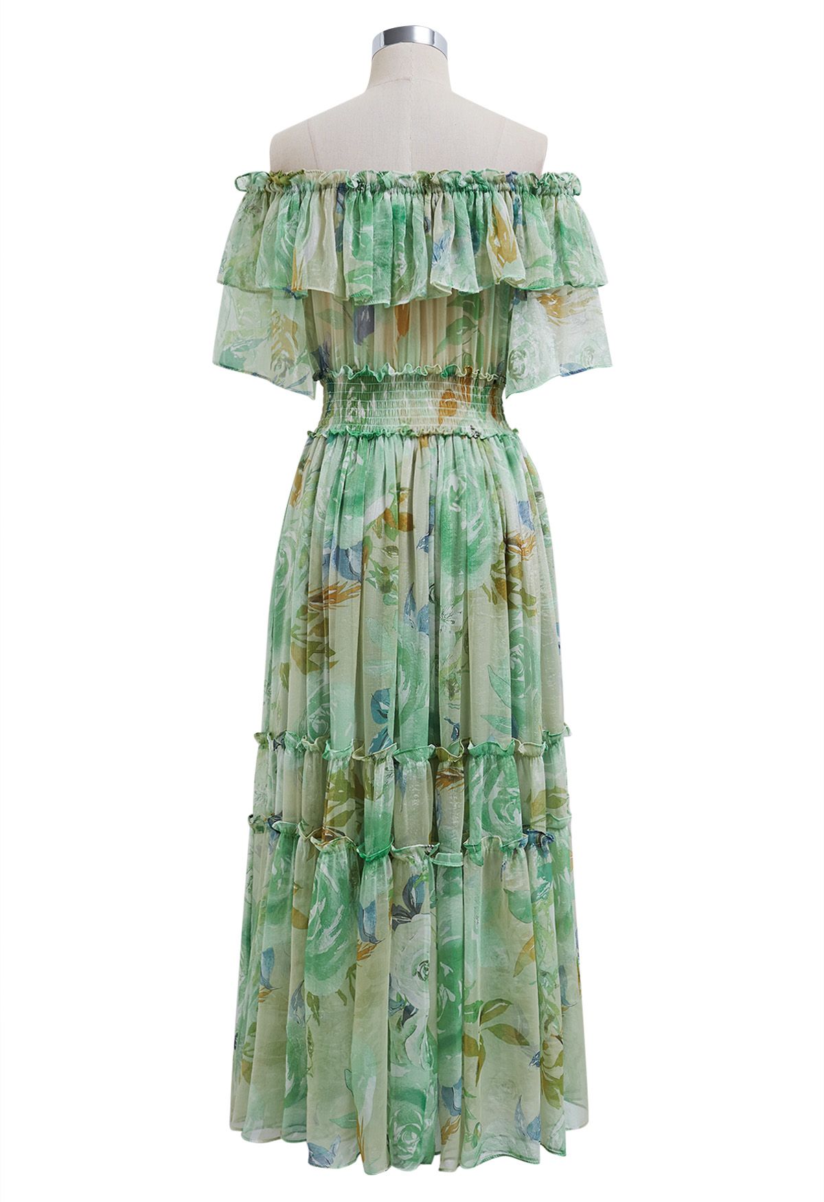 Summer Days Floral Off-Shoulder Ruffle Tiers Chiffon Dress in Green