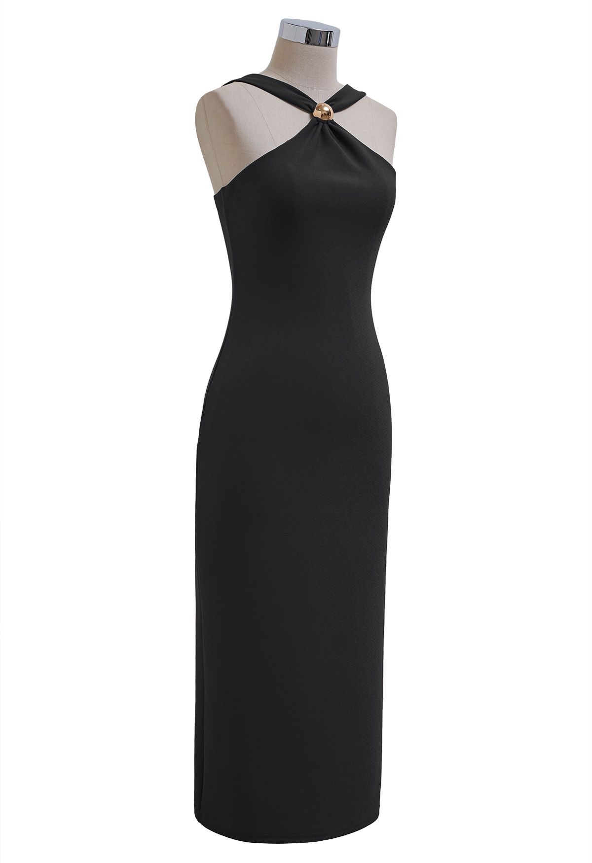 Golden Bead Trim Halter Sheath Dress in Black