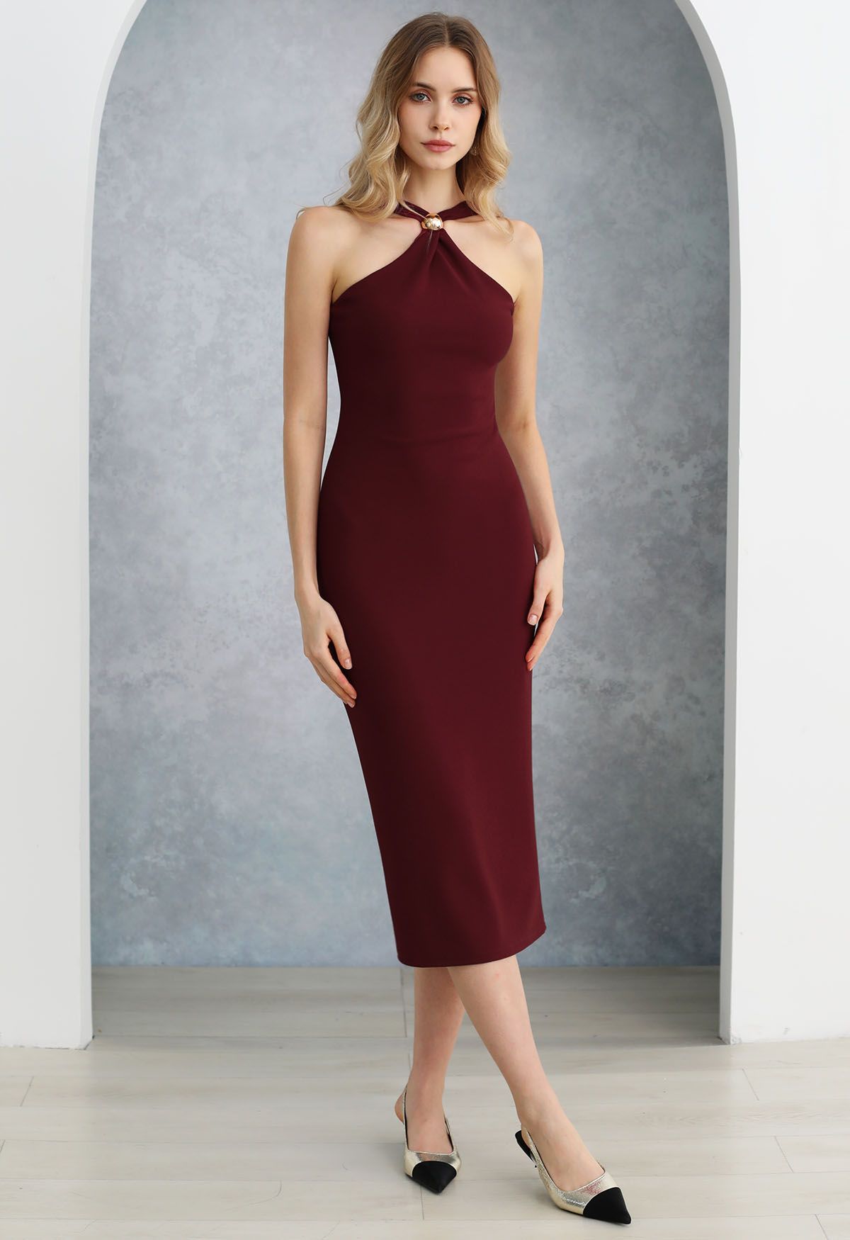 Golden Bead Trim Halter Sheath Dress in Red