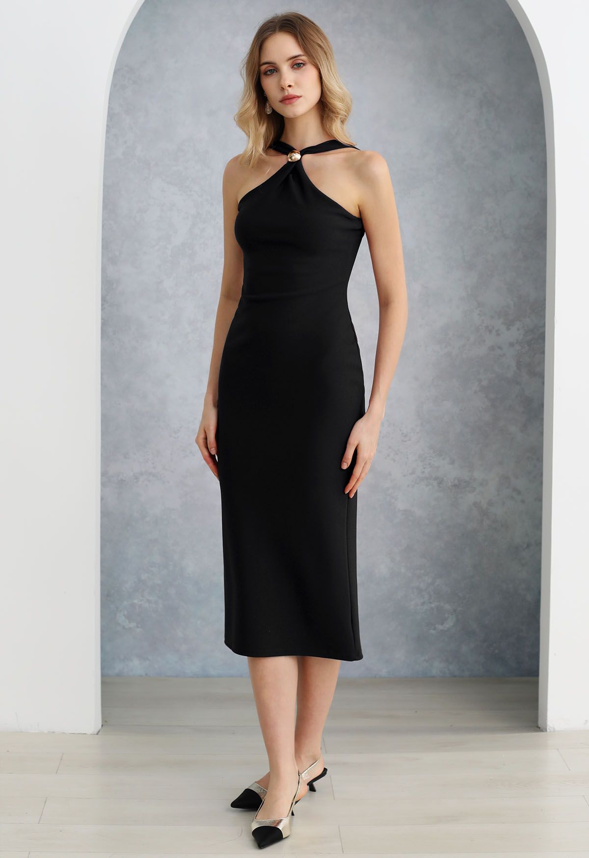 Golden Bead Trim Halter Sheath Dress in Black