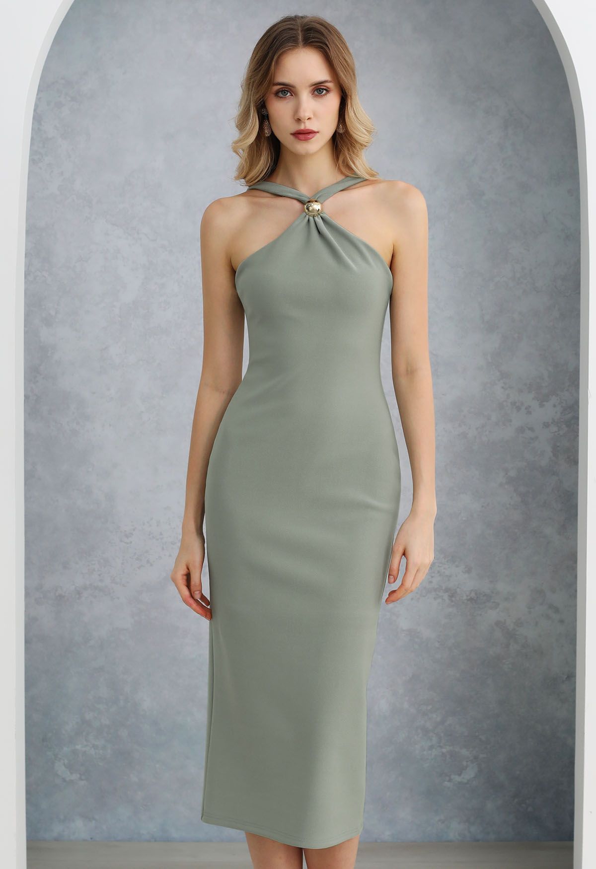 Golden Bead Trim Halter Sheath Dress in Sage