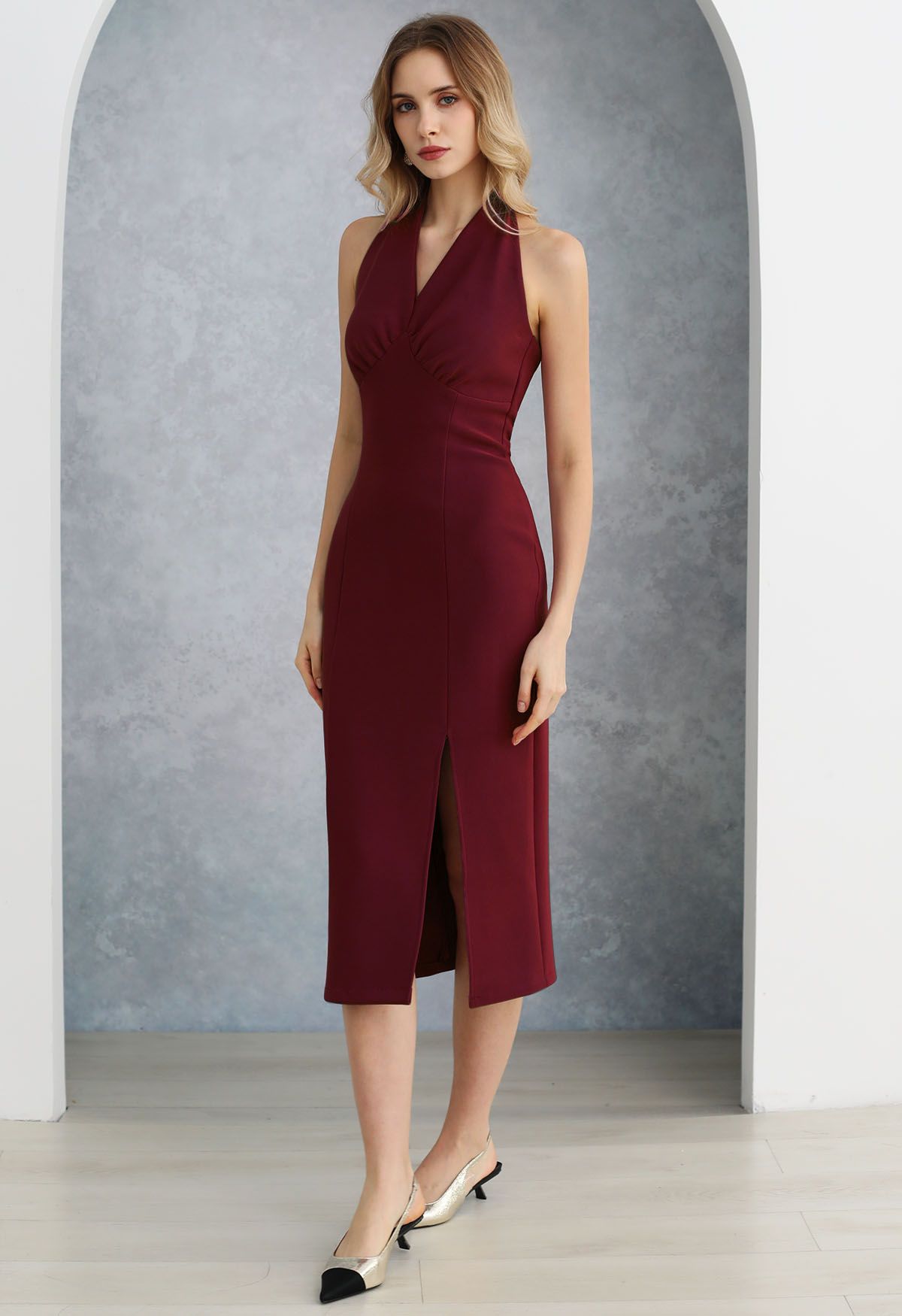 Modern Muse Halter Neck Slit Sheath Dress in Red