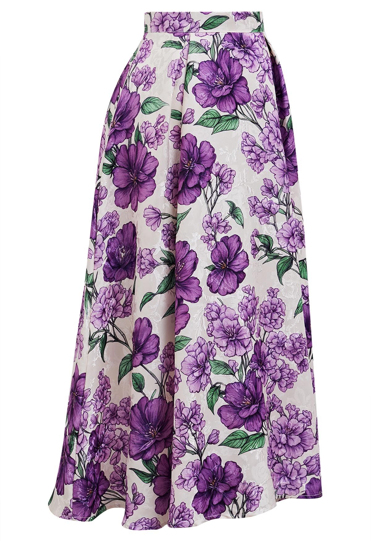 Purple Blooms Jacquard Pleated A-Line Skirt