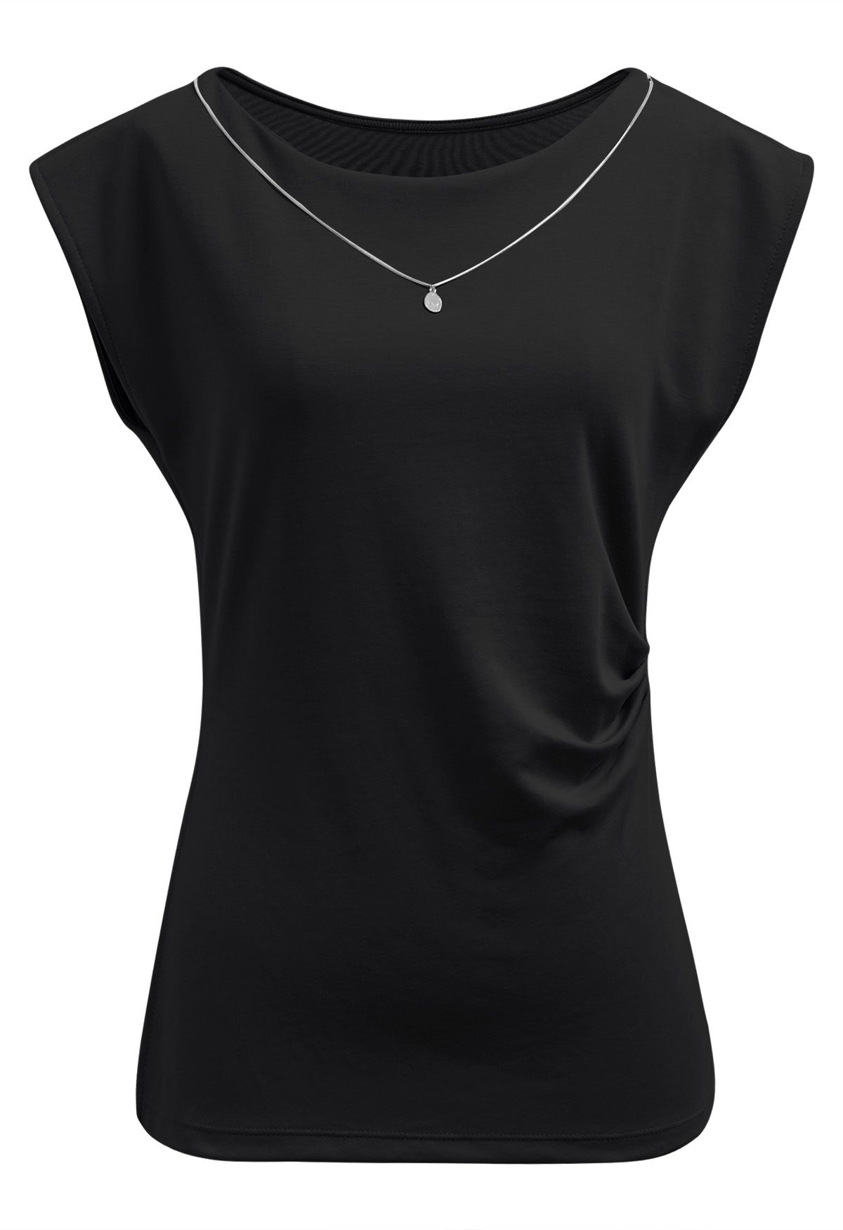 Decorative Necklace Side Pleat Cotton Top in Black