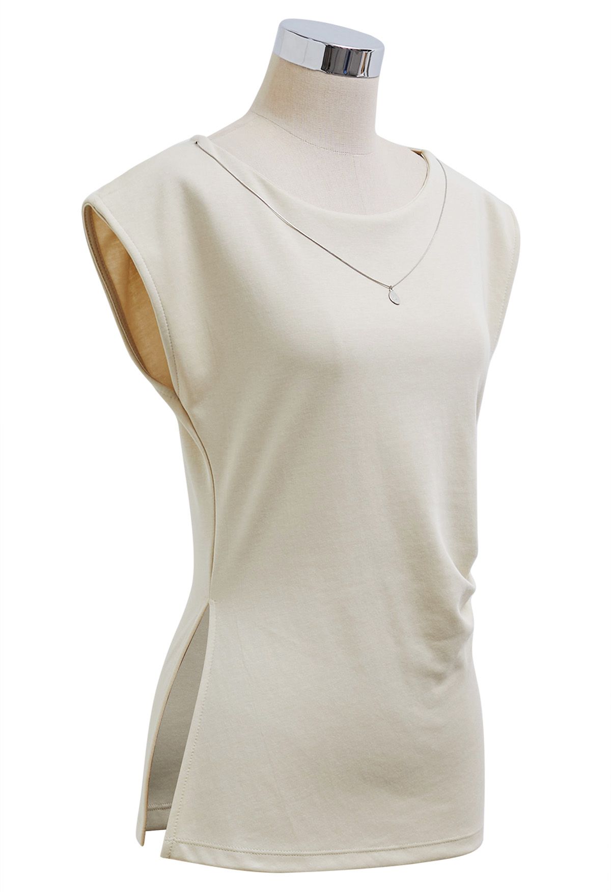 Decorative Necklace Side Pleat Cotton Top in Sand