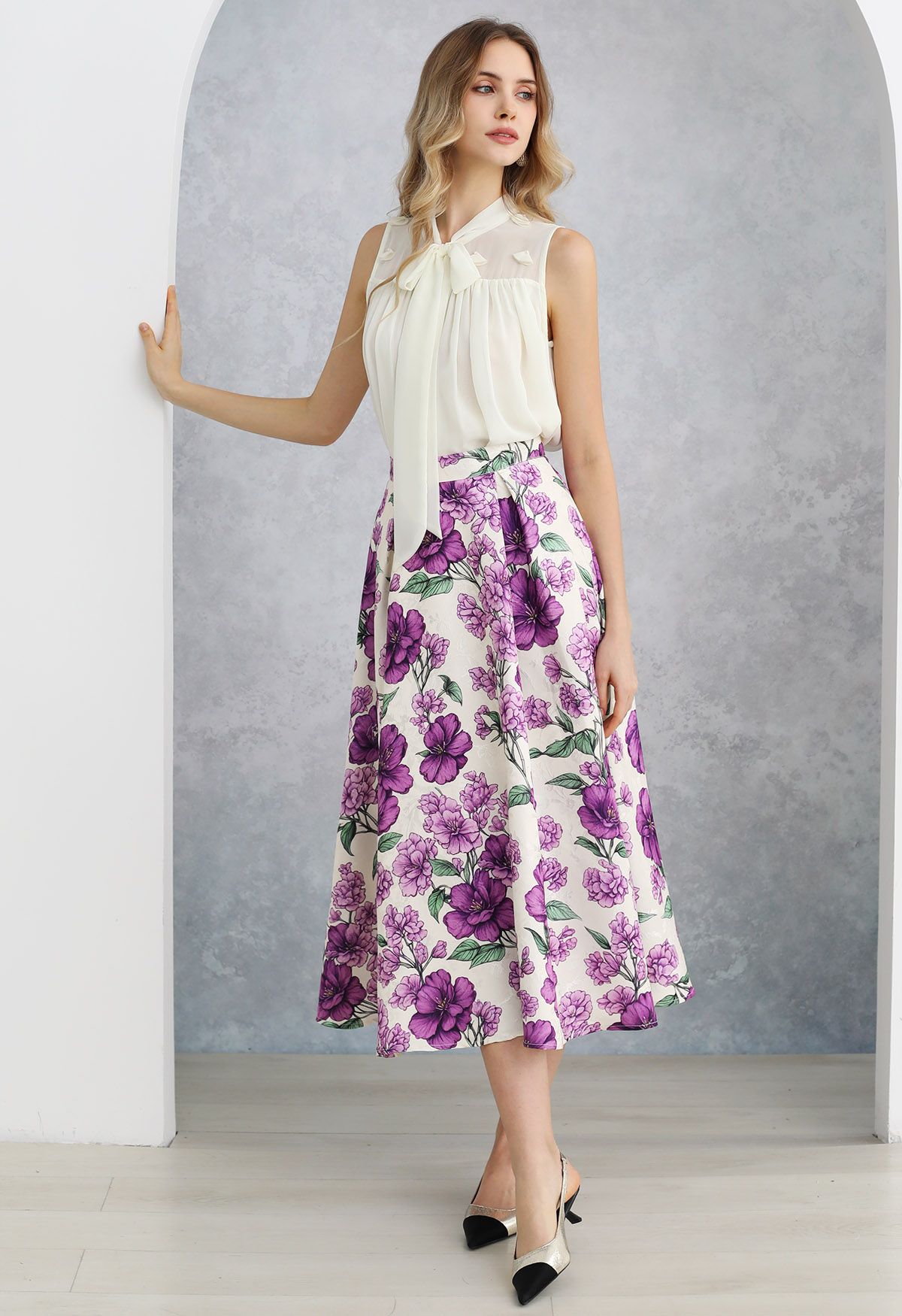 Purple Blooms Jacquard Pleated A-Line Skirt