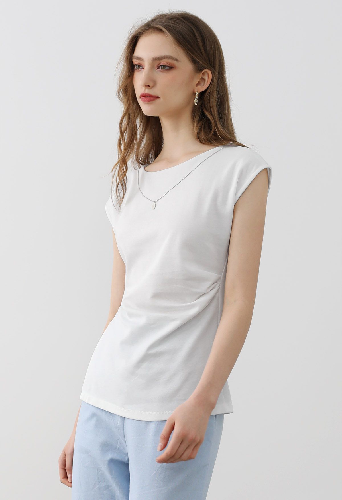 Decorative Necklace Side Pleat Cotton Top in White