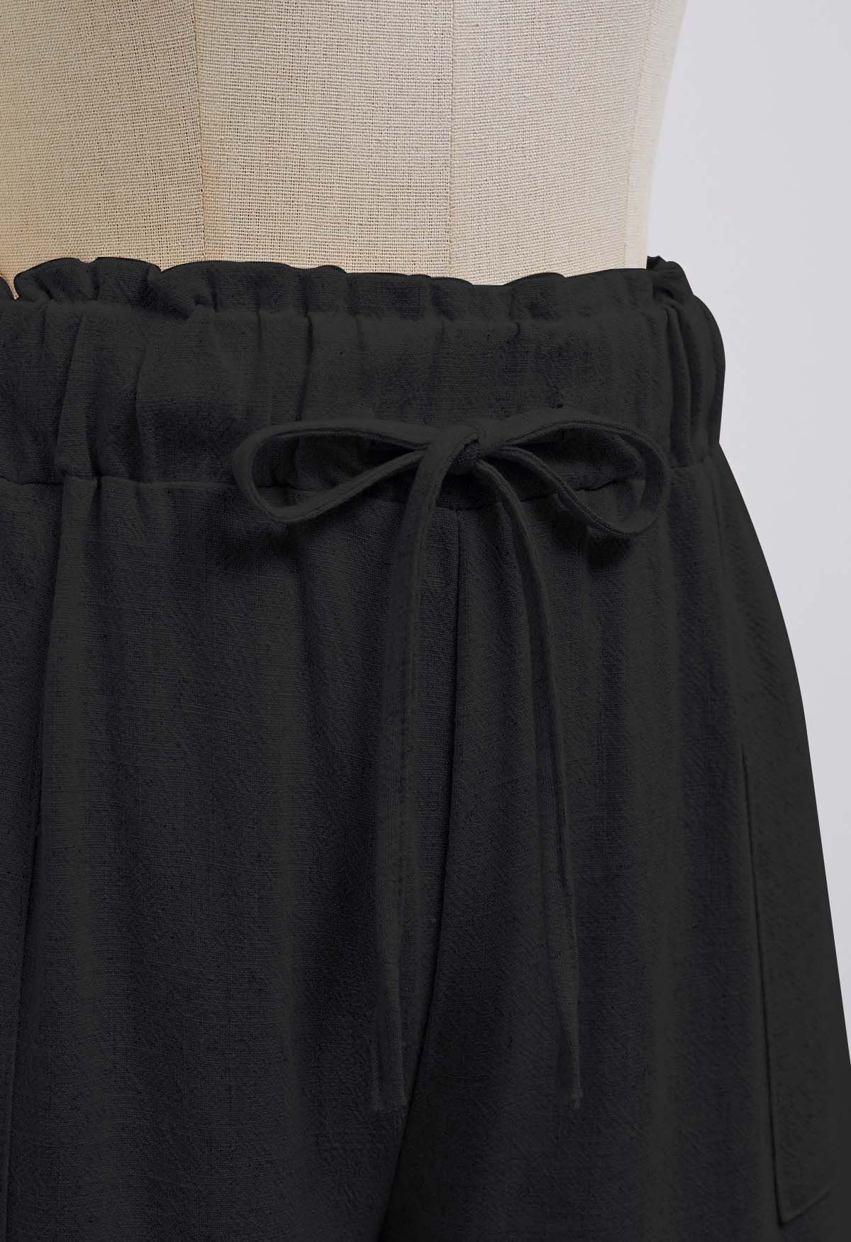 Ruffle Waist Detail Linen-Blend Shorts in Black