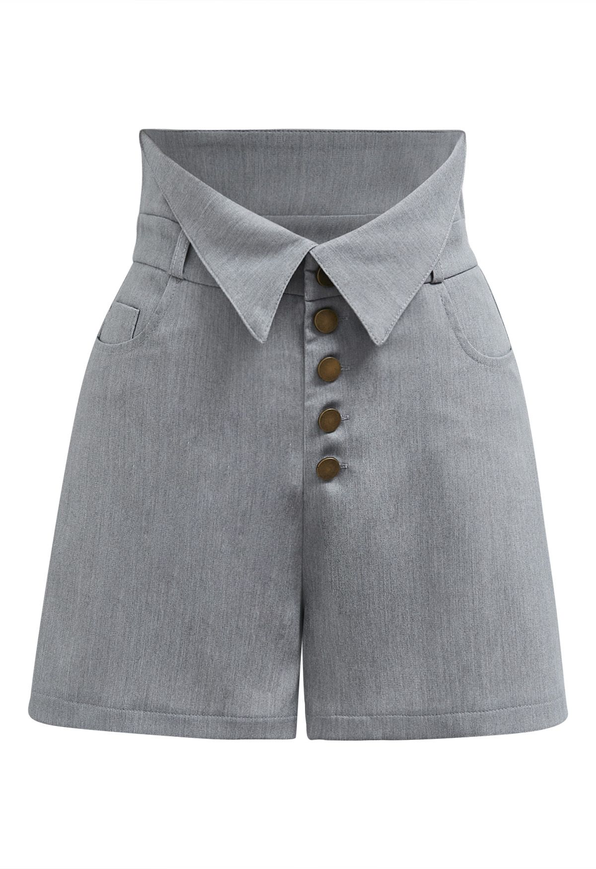 Nostalgic Button Folded Waist Shorts in Grey