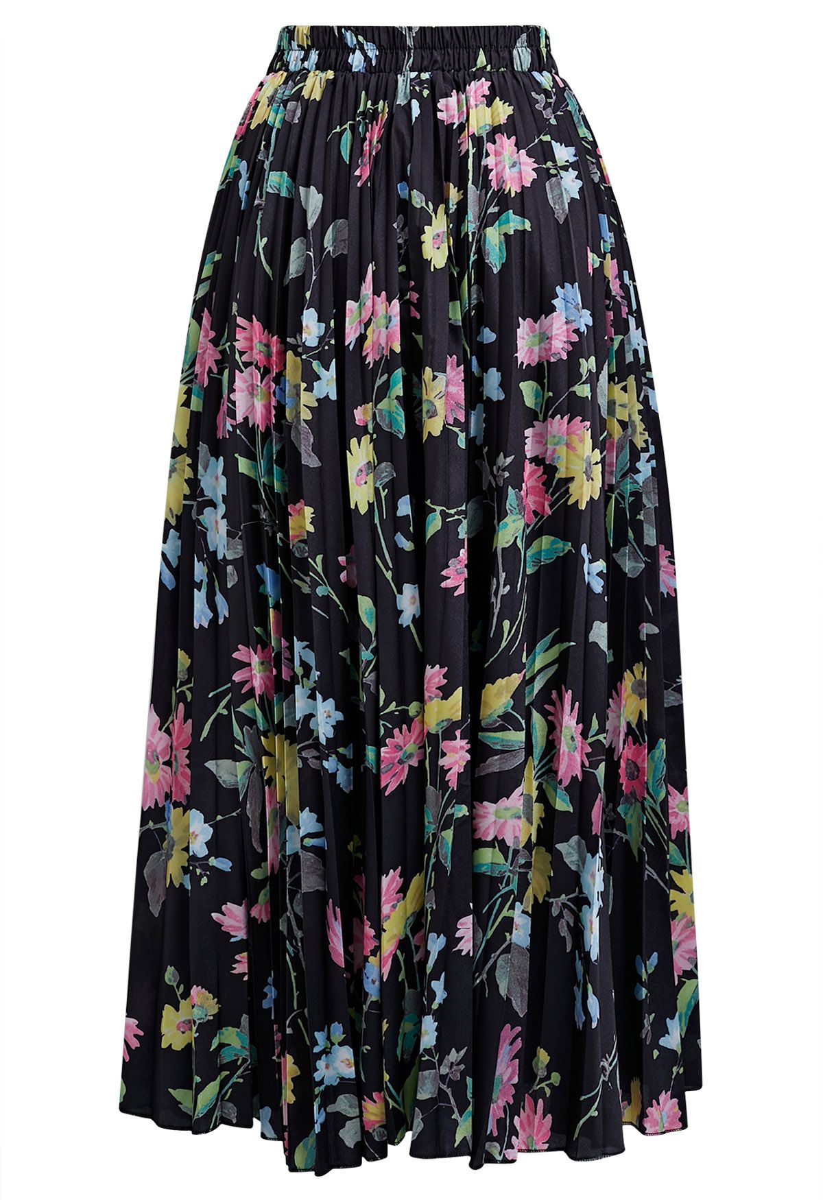 Vivid Floral Print Pleated Maxi Skirt in Black