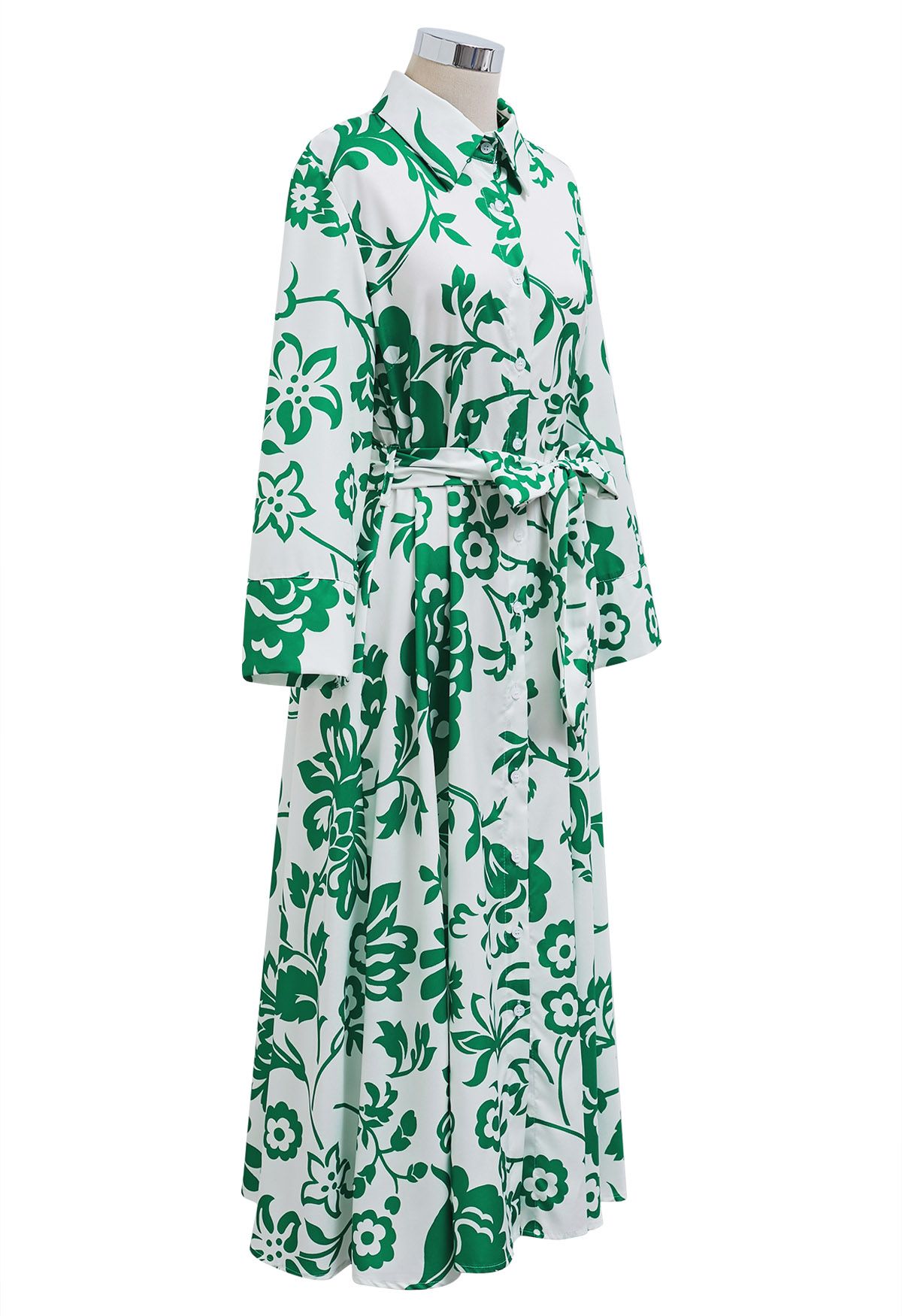 Green Floral Button Down Midi Shirt Dress