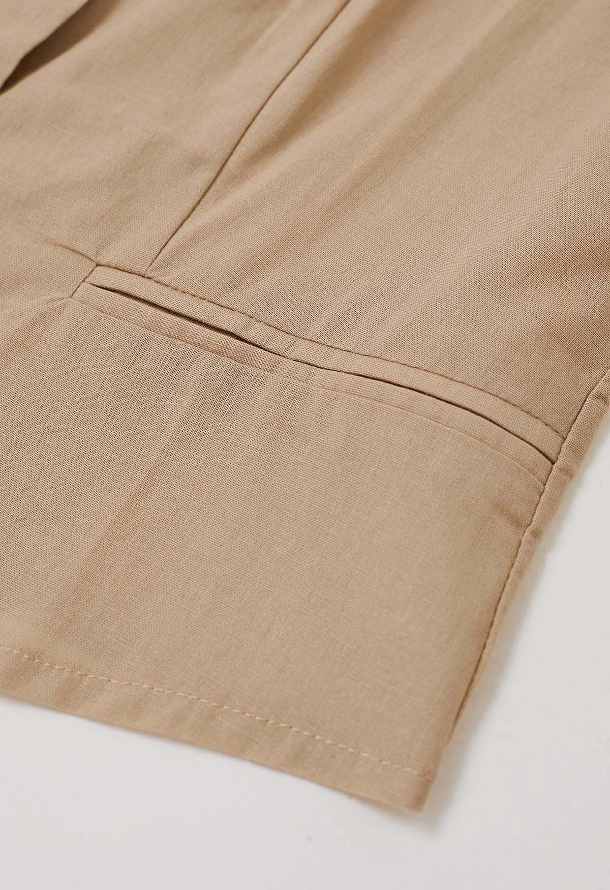 Linen-Blend Button Down Vest and Pants Set in Tan