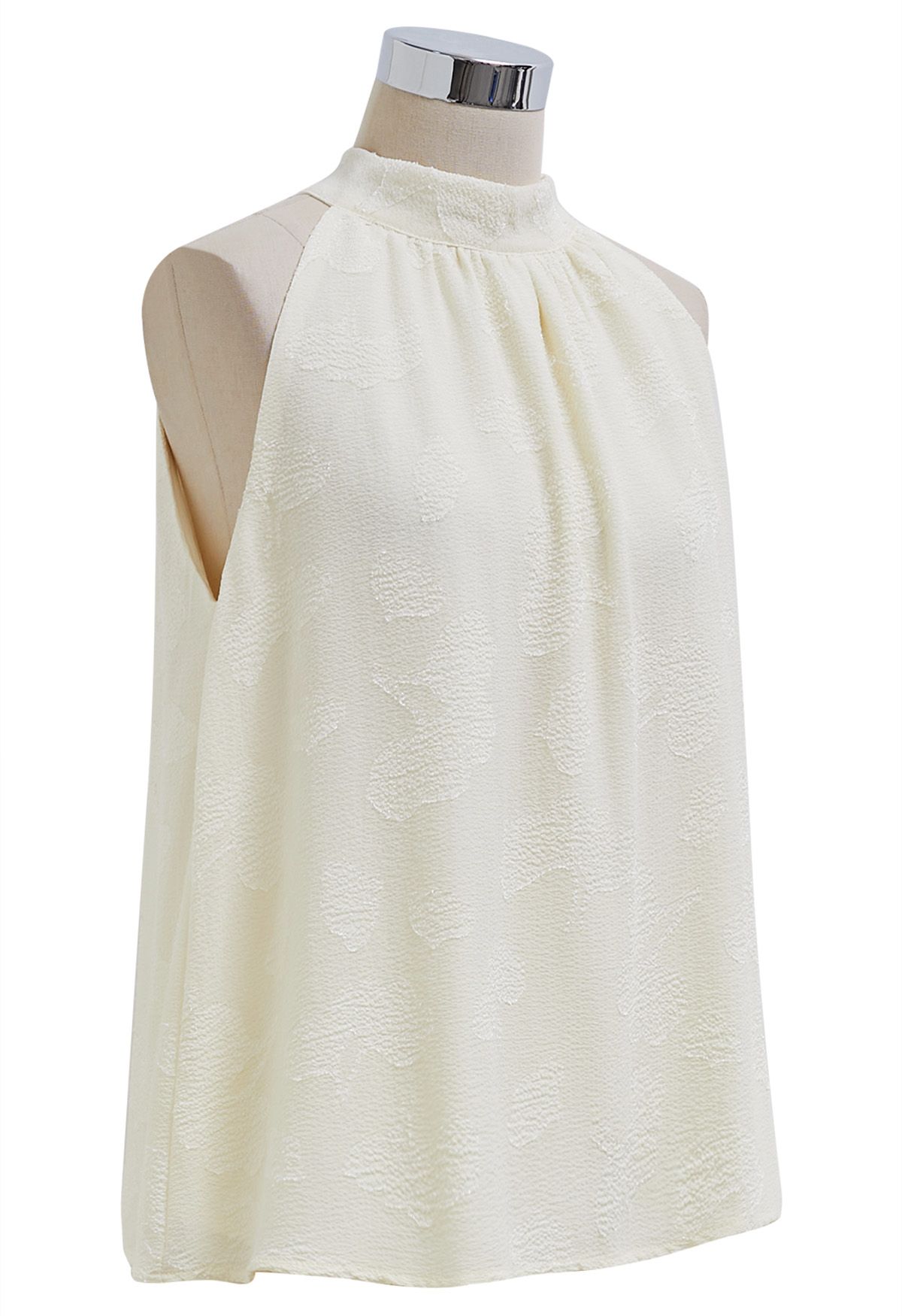 Emboss Floral Texture Bowknot Halter Top in Cream