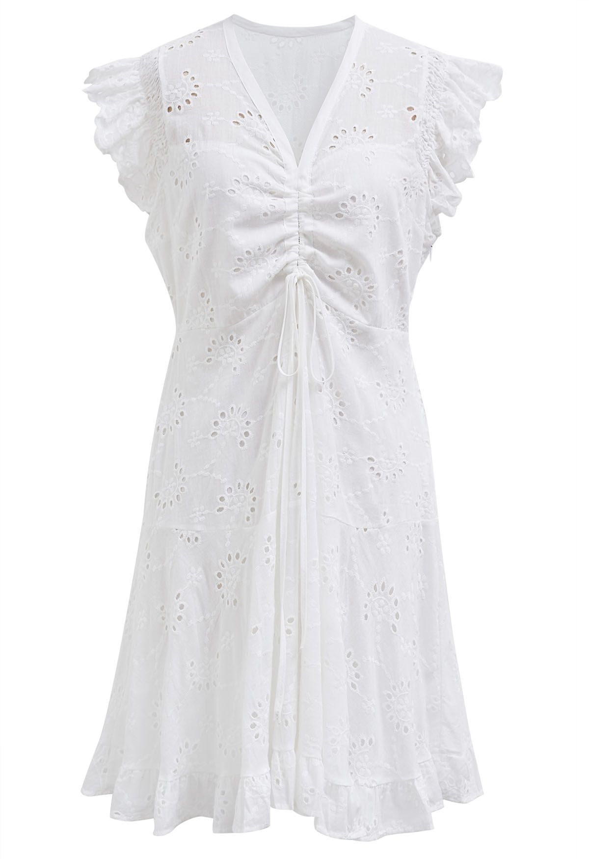 Drawstring Front Eyelet Embroidered Mini Dress in White