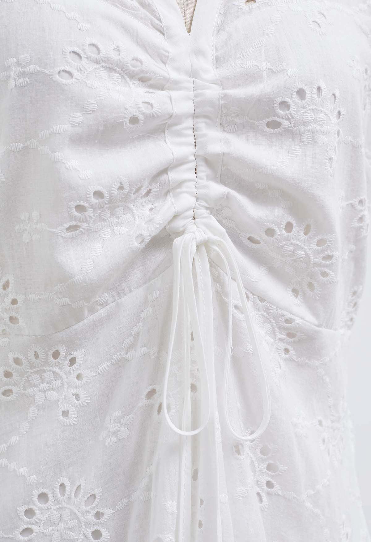 Drawstring Front Eyelet Embroidered Mini Dress in White