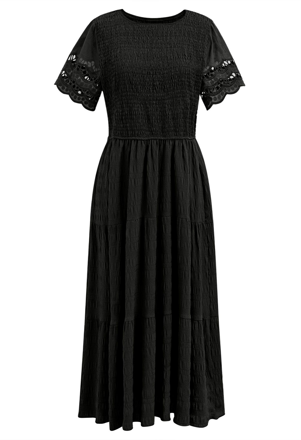 Cutwork Sleeve Shirred Bodice Midi Dress in Black