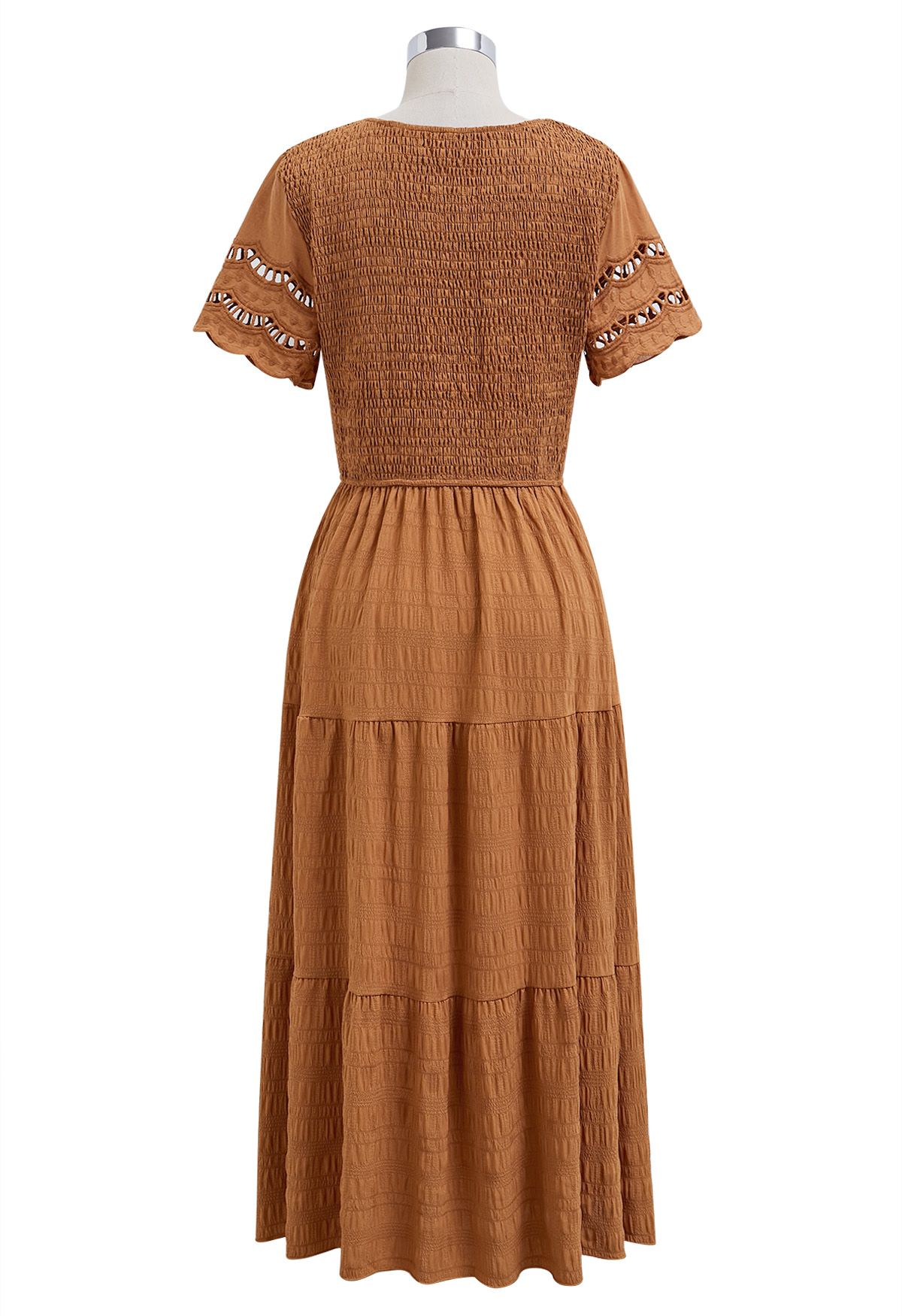 Cutwork Sleeve Shirred Bodice Midi Dress in Pumpkin