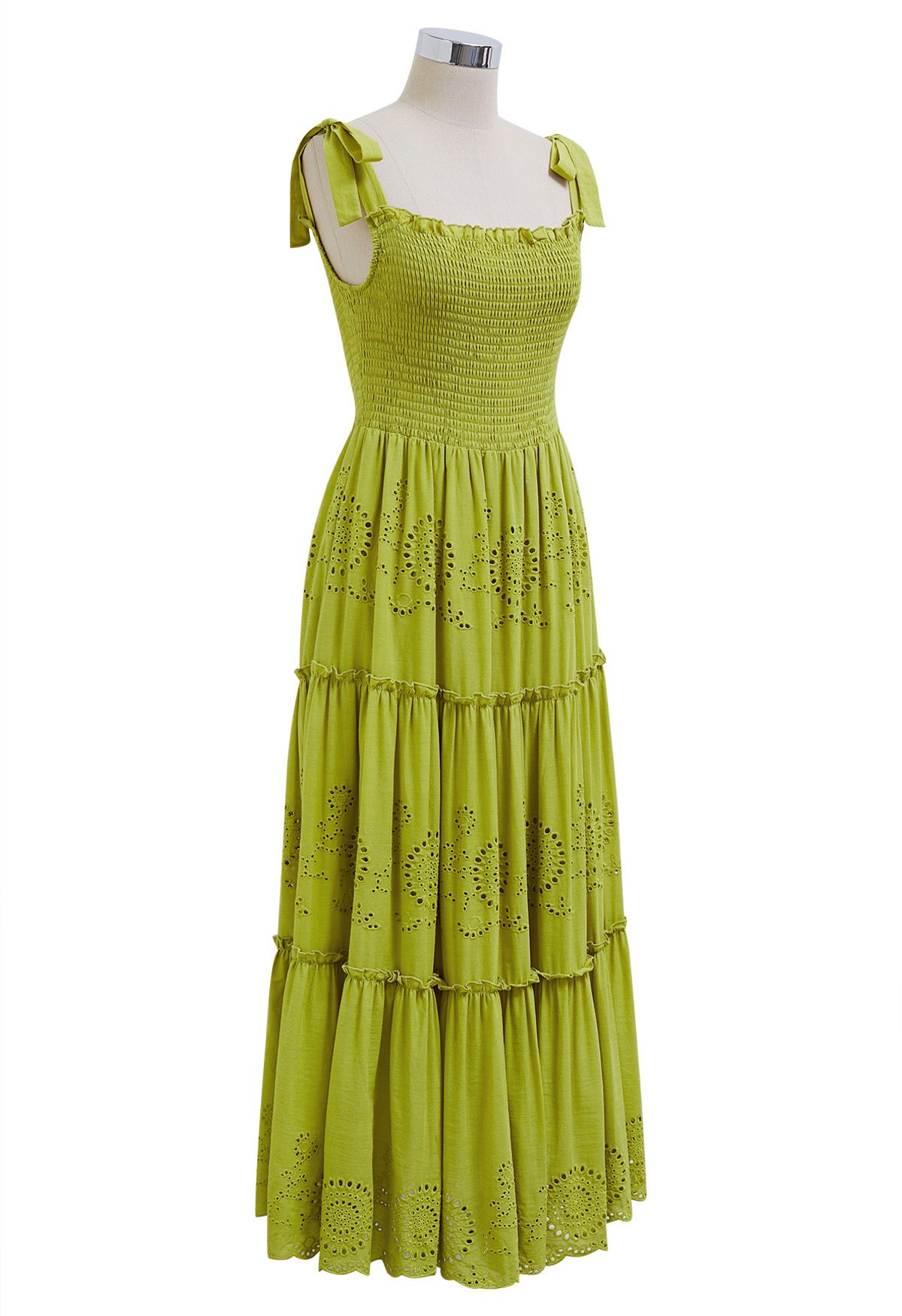 Lime Embroidery Shirred Tie-Strap Maxi Dress