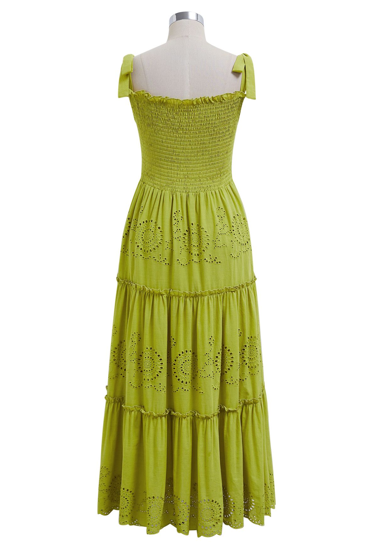 Lime Embroidery Shirred Tie-Strap Maxi Dress