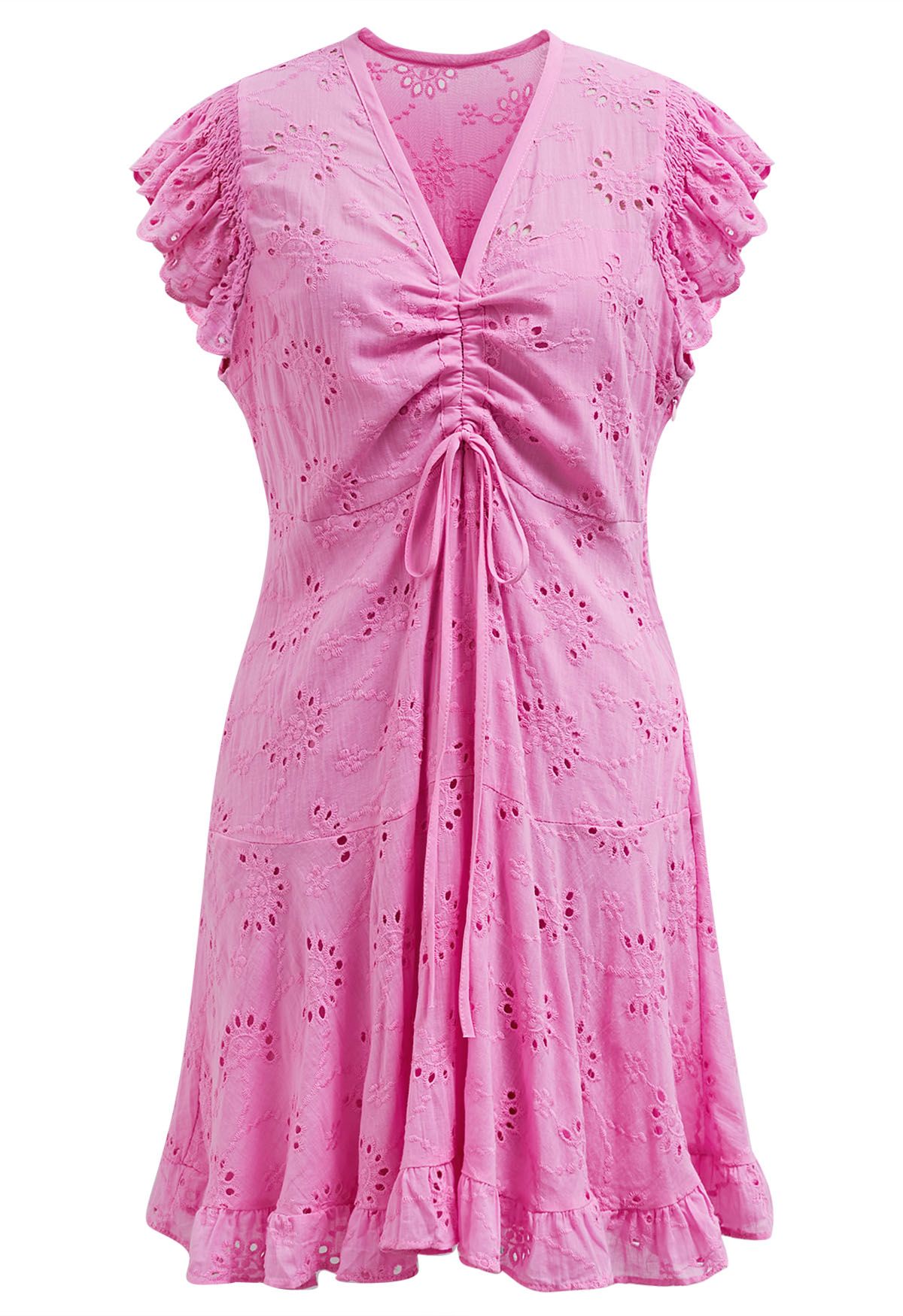 Drawstring Front Eyelet Embroidered Mini Dress in Pink