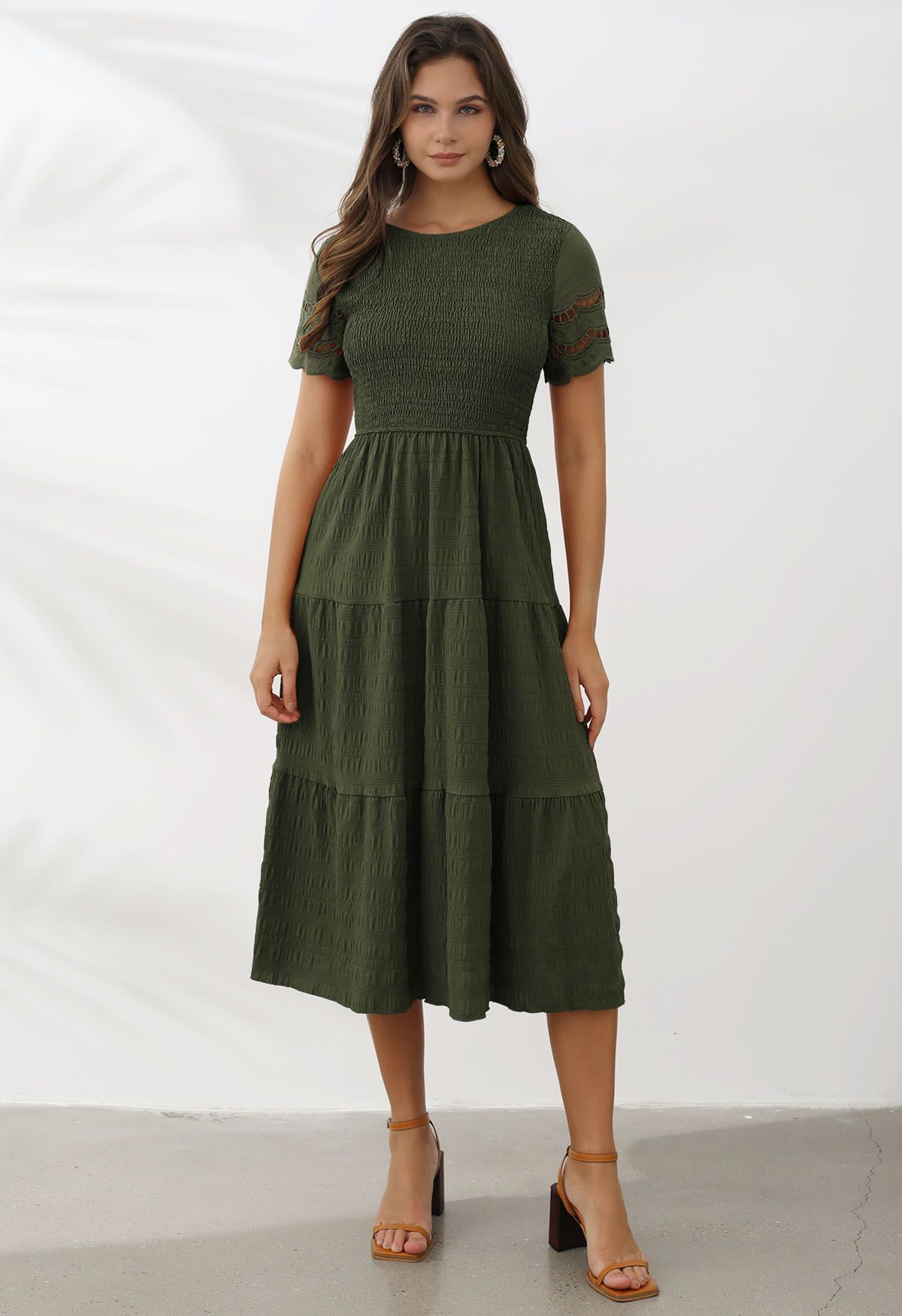 Cutwork Sleeve Shirred Bodice Midi Dress in Army Green