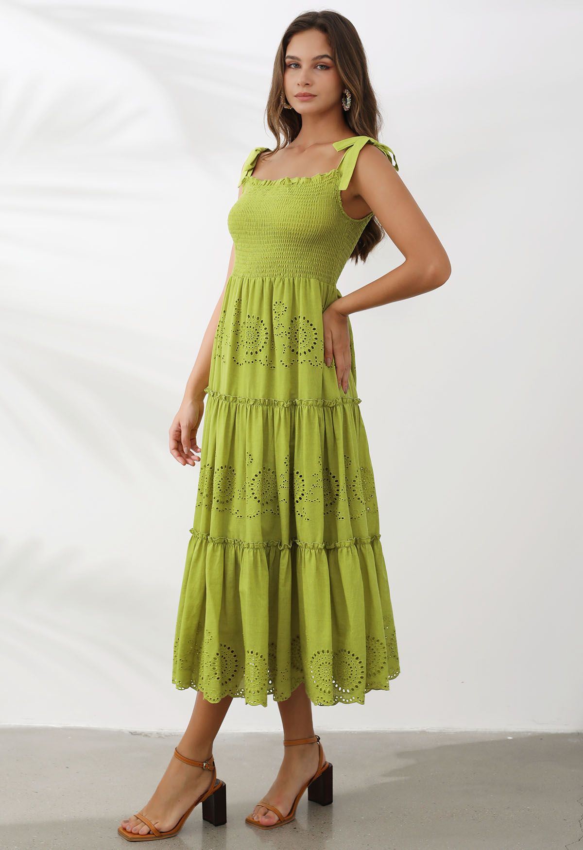 Lime Embroidery Shirred Tie-Strap Maxi Dress