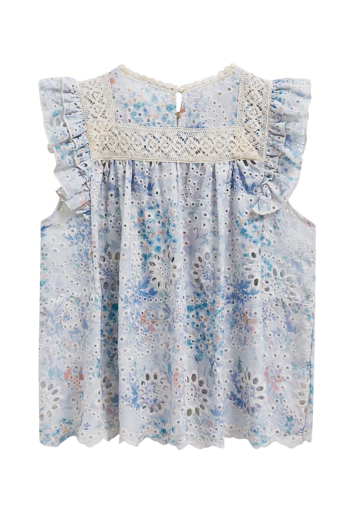 Floral Printed Eyelet Embroidered Sleeveless Dolly Top in Blue