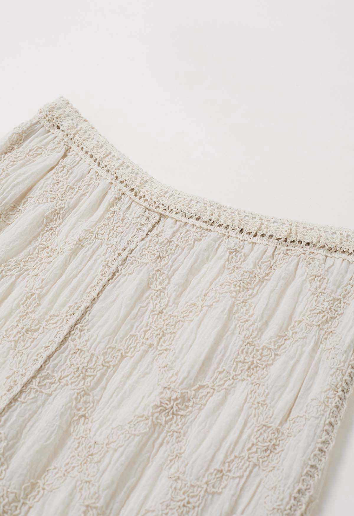 Diamond Shape Stitch Crochet Flower Pants in Linen