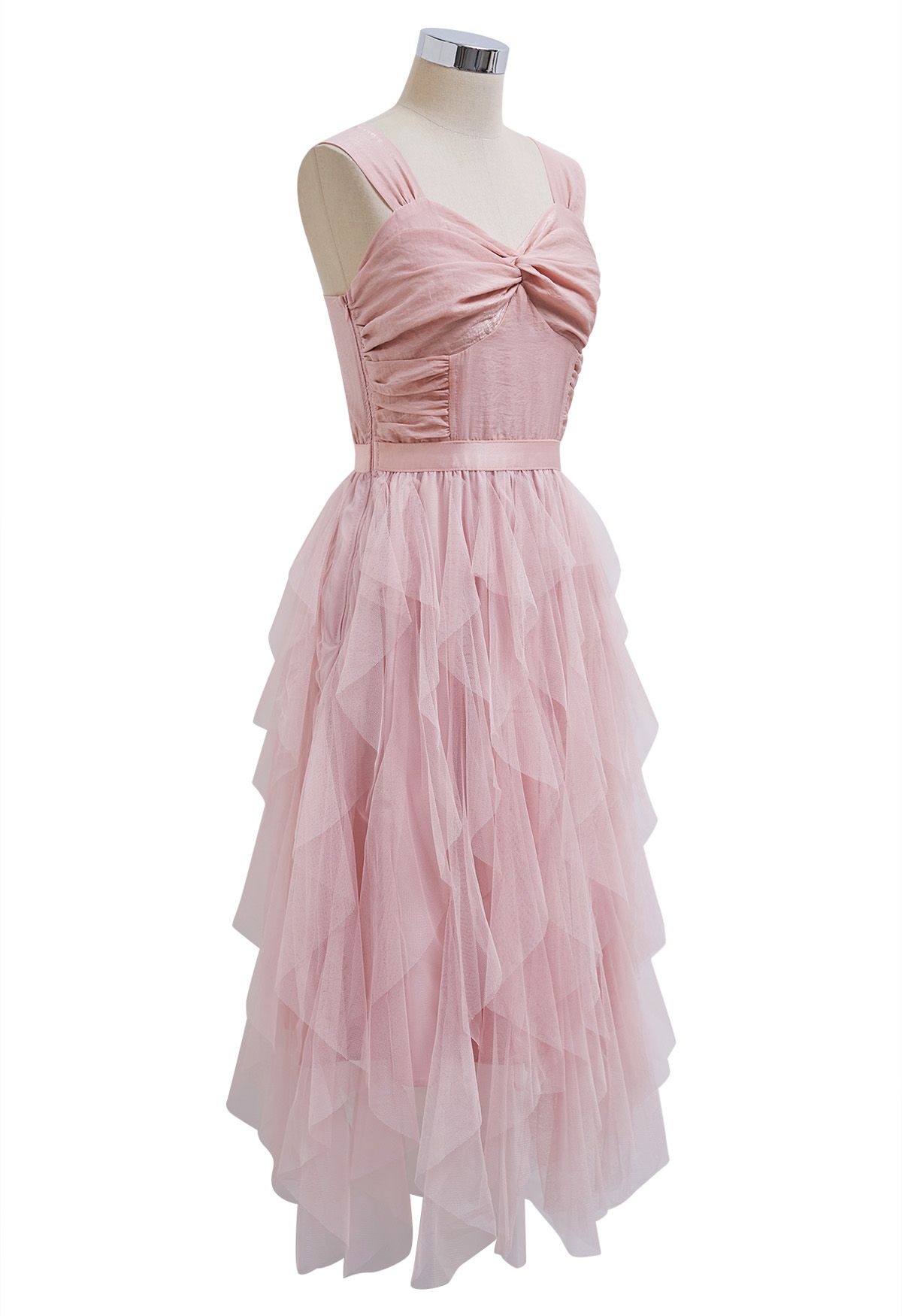 Twist Detail Mesh Tulle Cami Dress in Pink