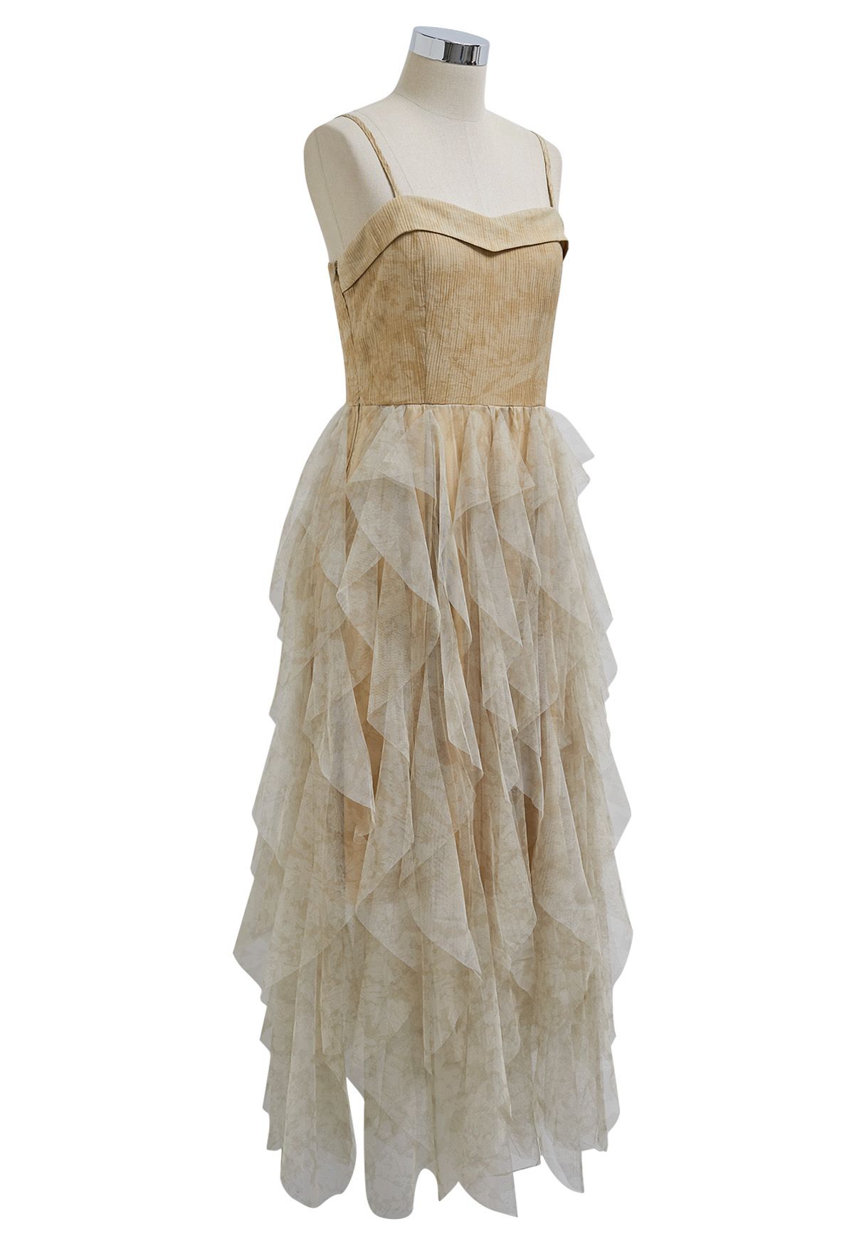 Ruffle Mesh Spliced Asymmetric Cami Dress in Tan