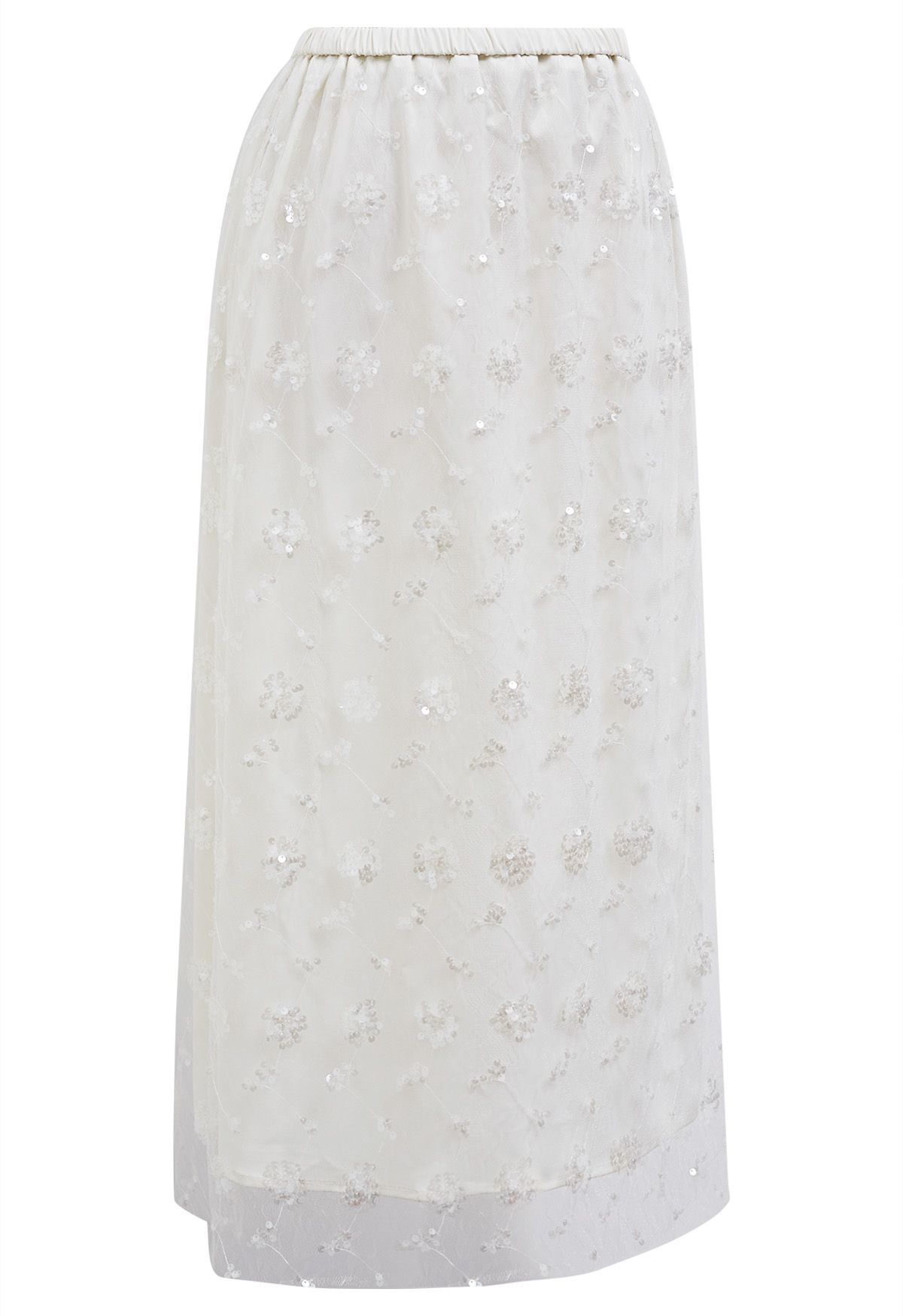 Sequined Dandelion Mesh Midi Skirt in Ivory