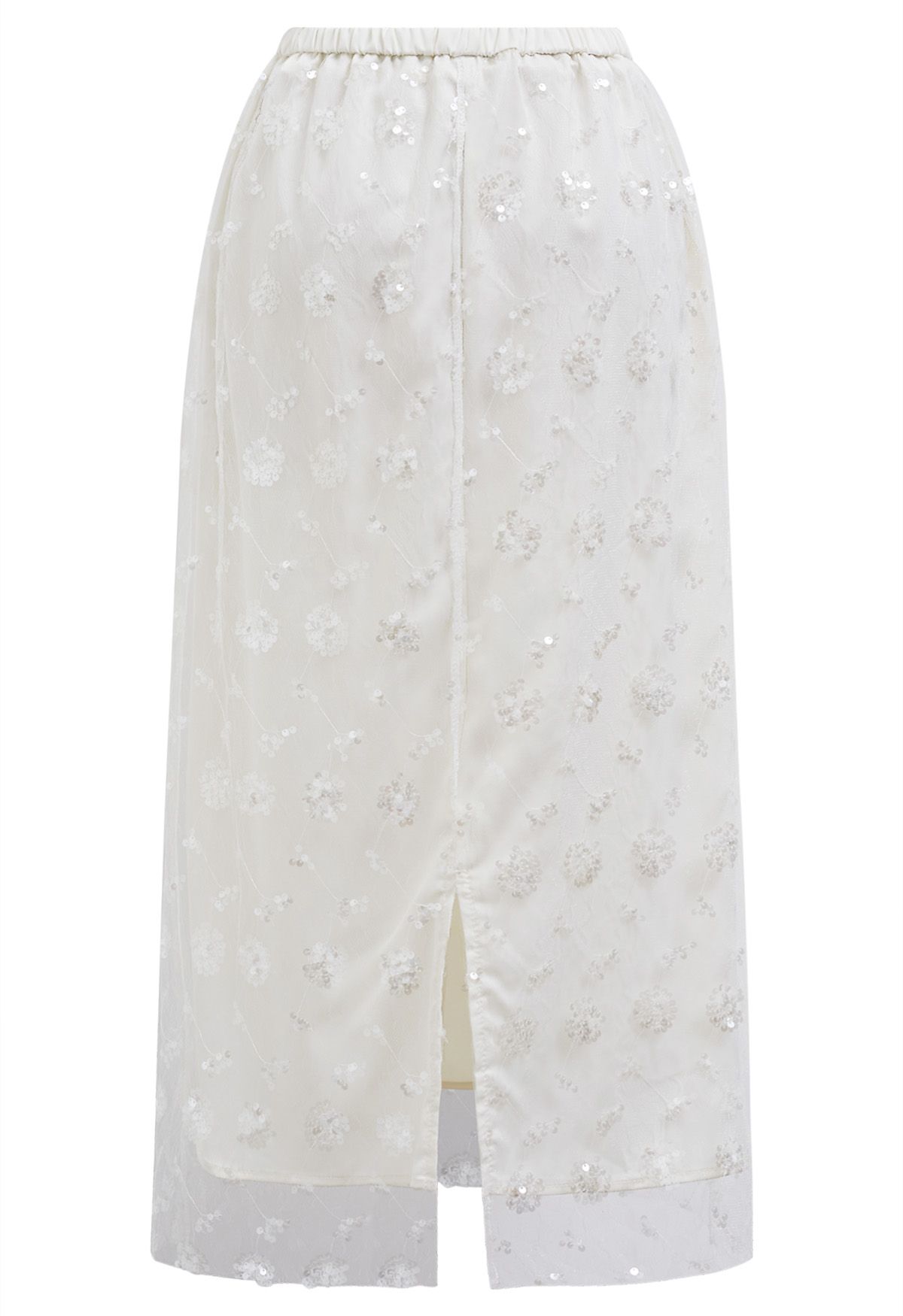 Sequined Dandelion Mesh Midi Skirt in Ivory