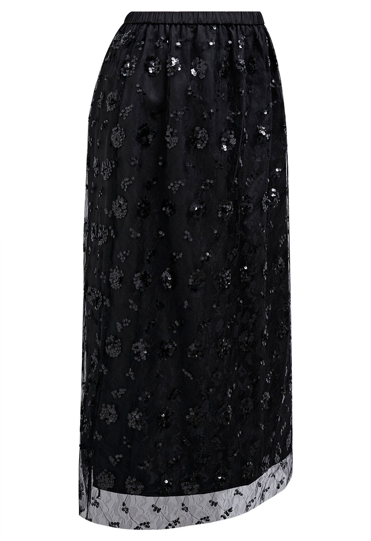 Sequined Dandelion Mesh Midi Skirt in Black