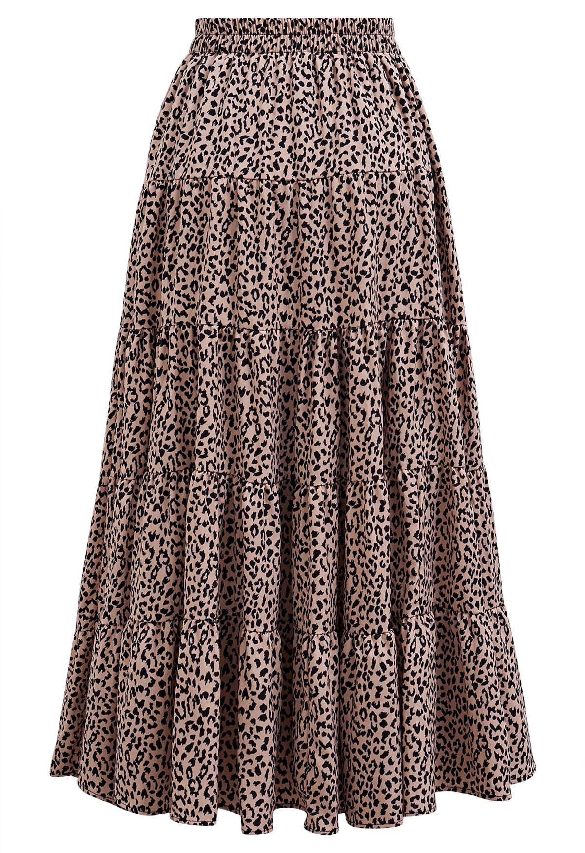 Leopard Printed Panelled Frilling Midi Skirt