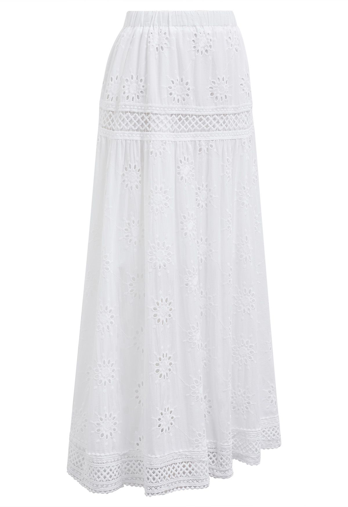 Floral Embroidered Eyelet Cotton Maxi Skirt in White