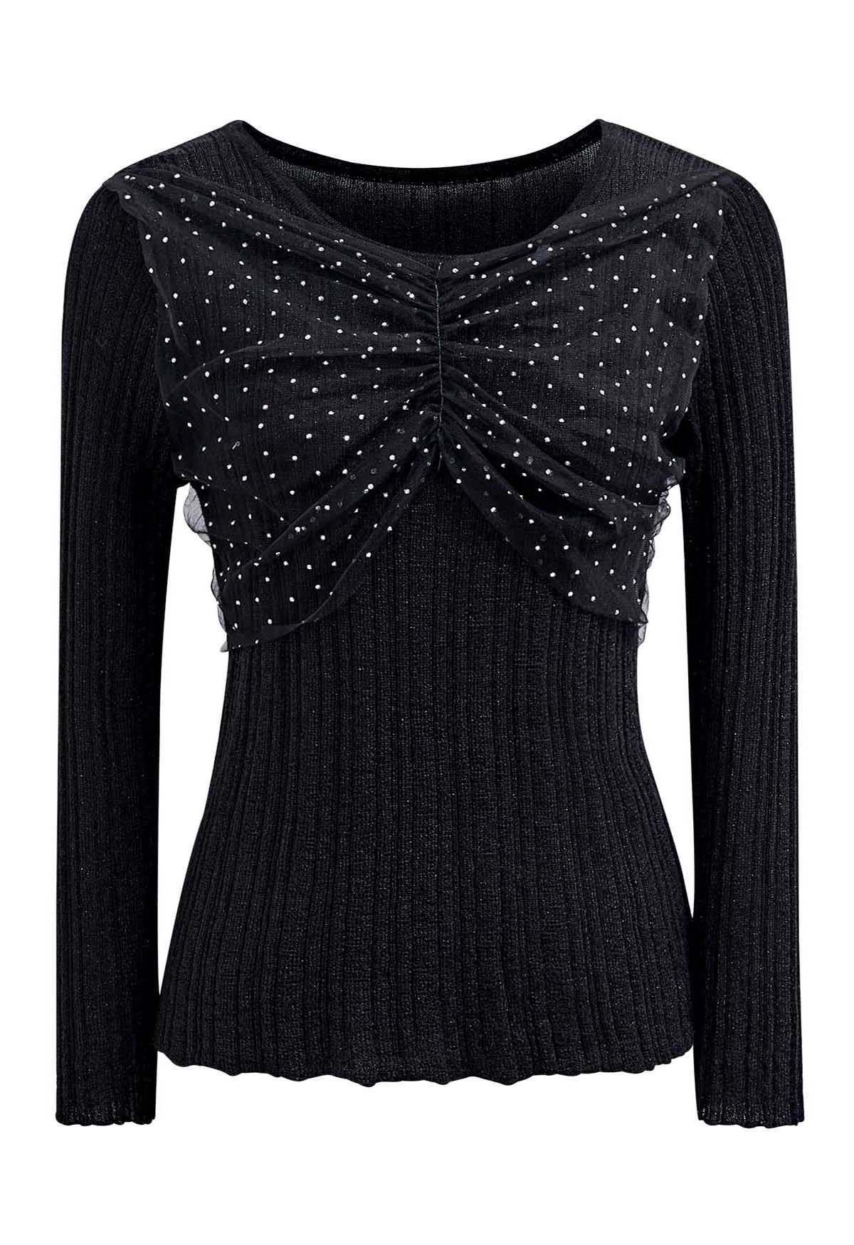 Rhinestone Decor Mesh Spliced Knit Top in Black