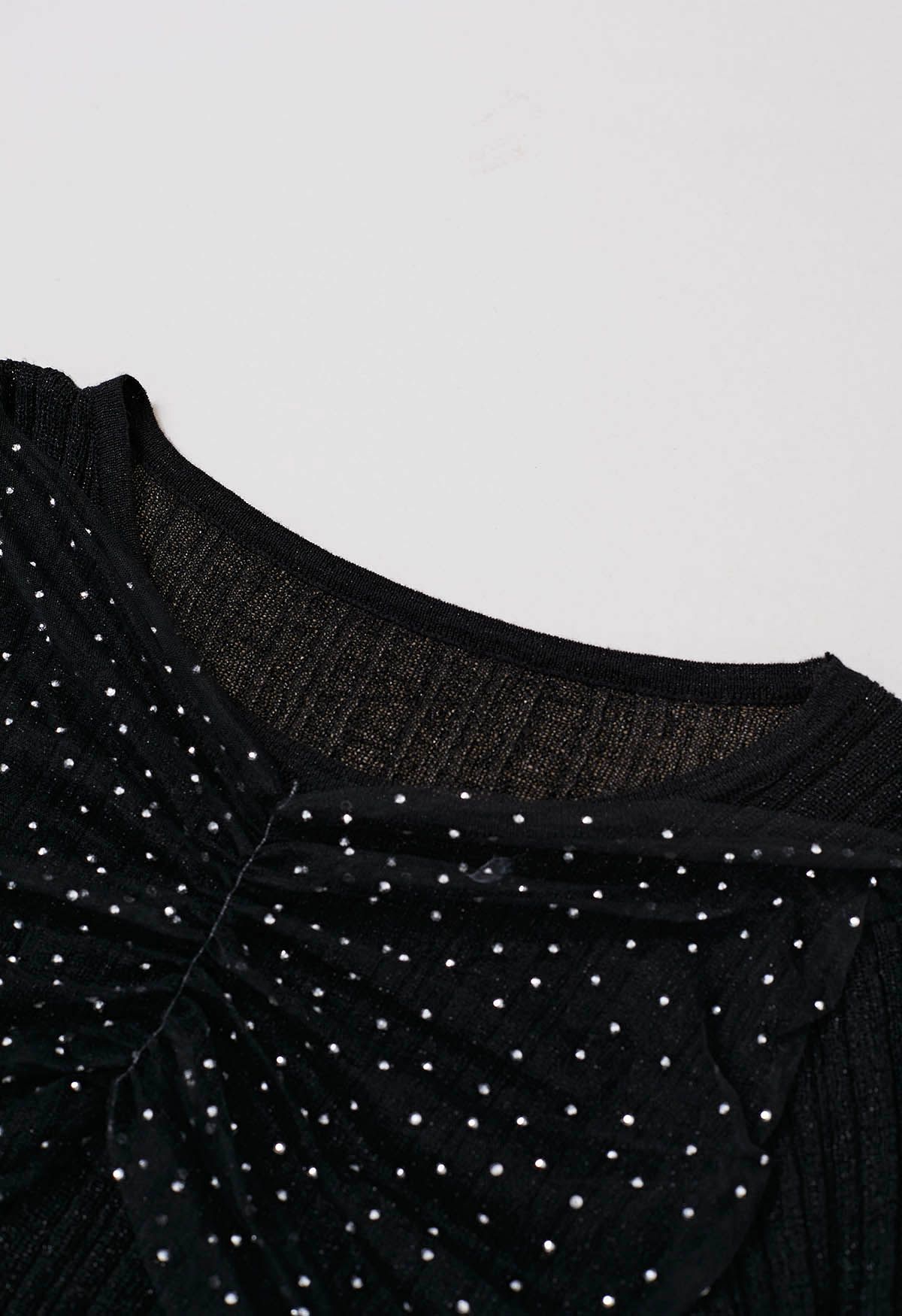 Rhinestone Decor Mesh Spliced Knit Top in Black